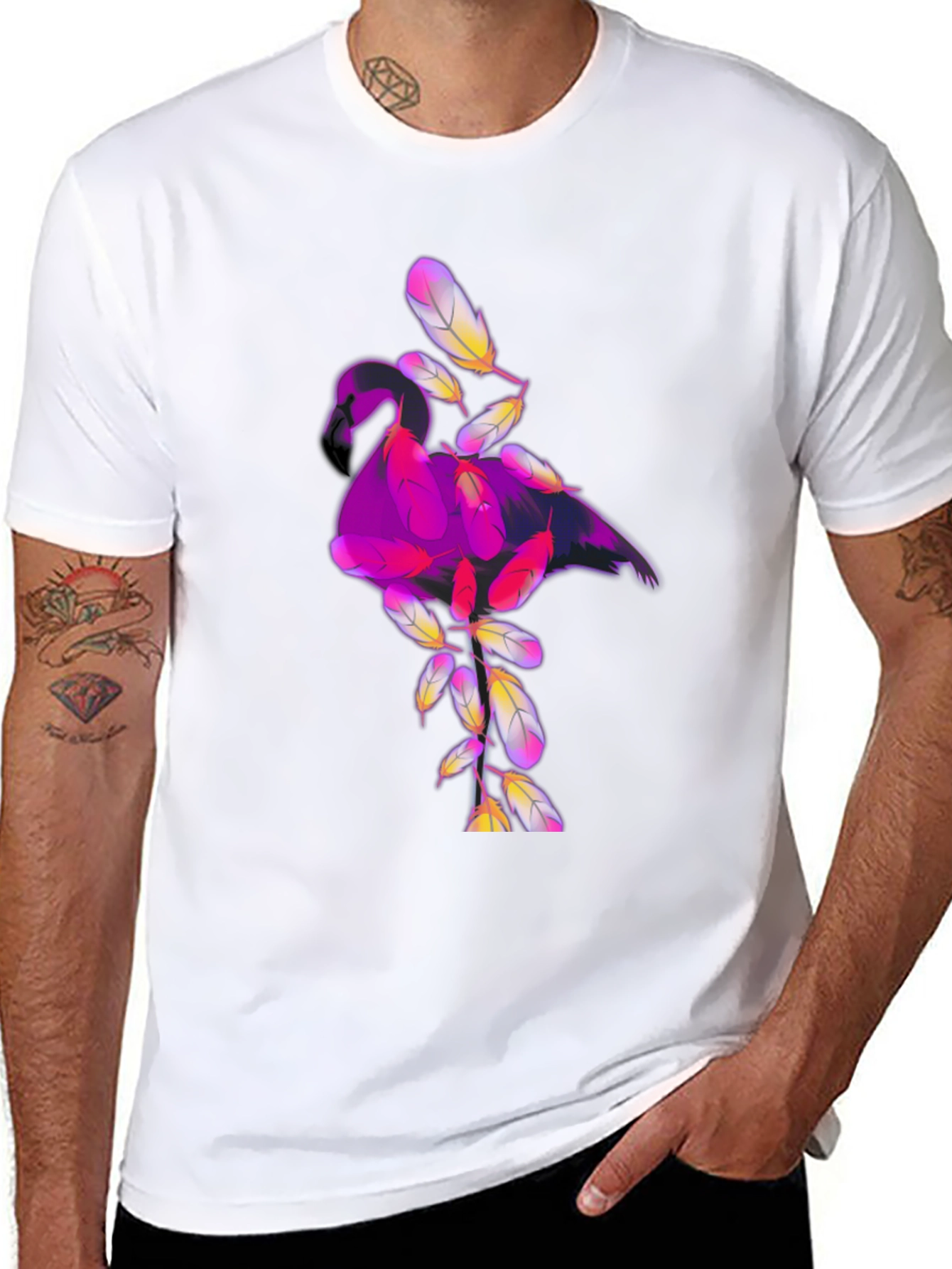 Black Graphic Tee: Flamingo Feather Design