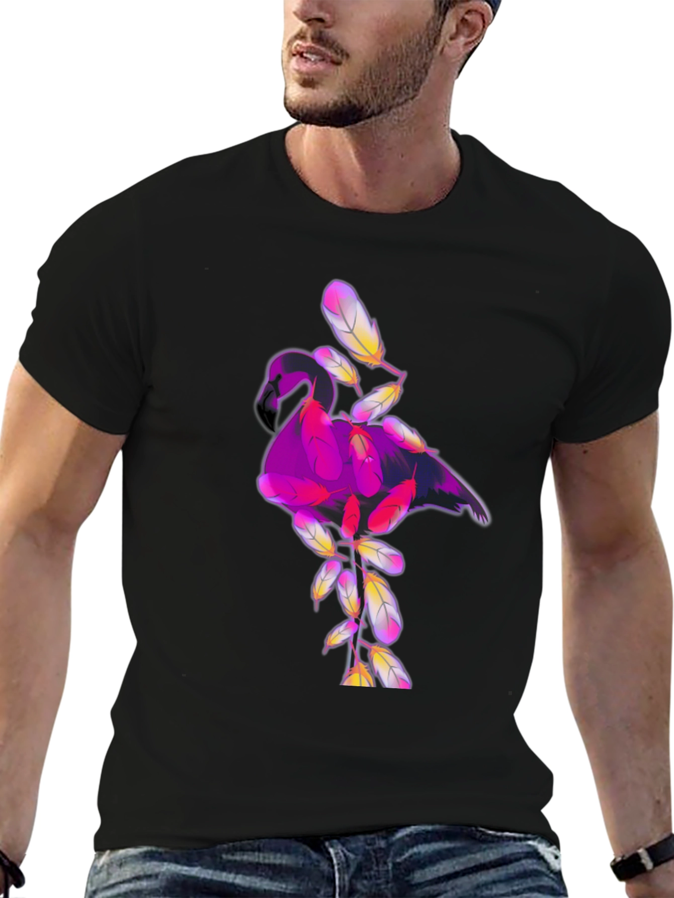 Black Graphic Tee: Flamingo Feather Design