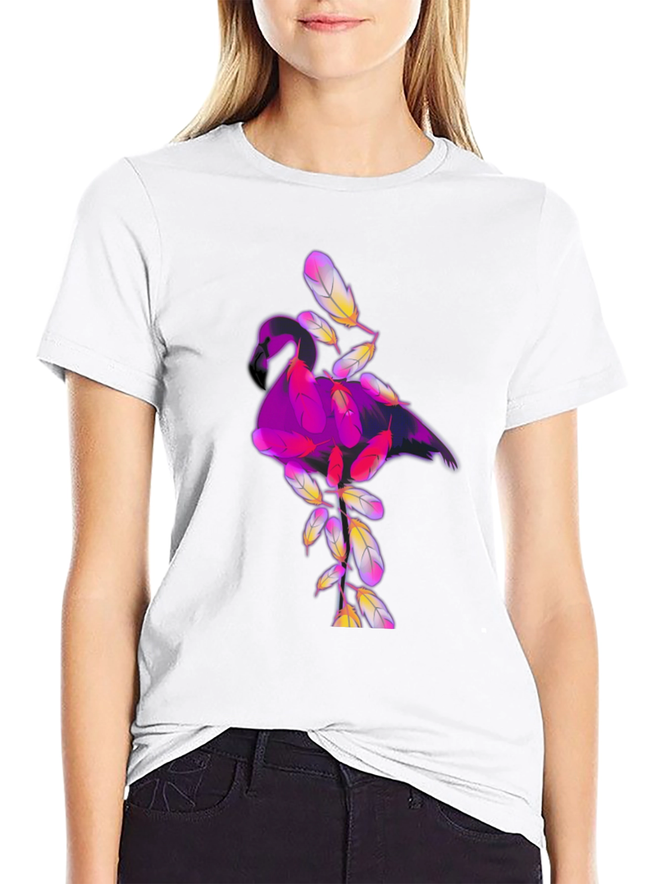 Black Graphic Tee: Flamingo Feather Design