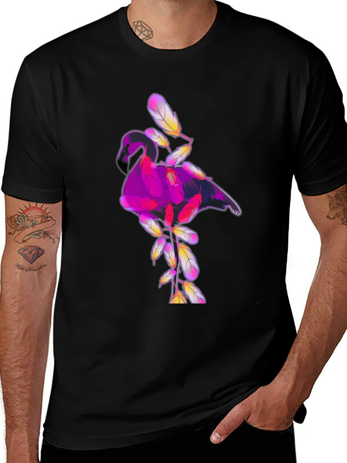 Black Graphic Tee: Flamingo Feather Design