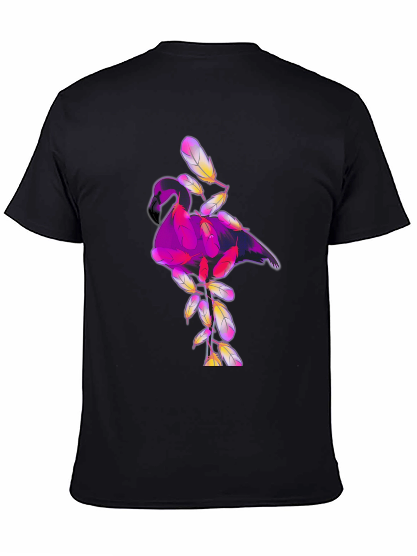 Black Graphic Tee: Flamingo Feather Design