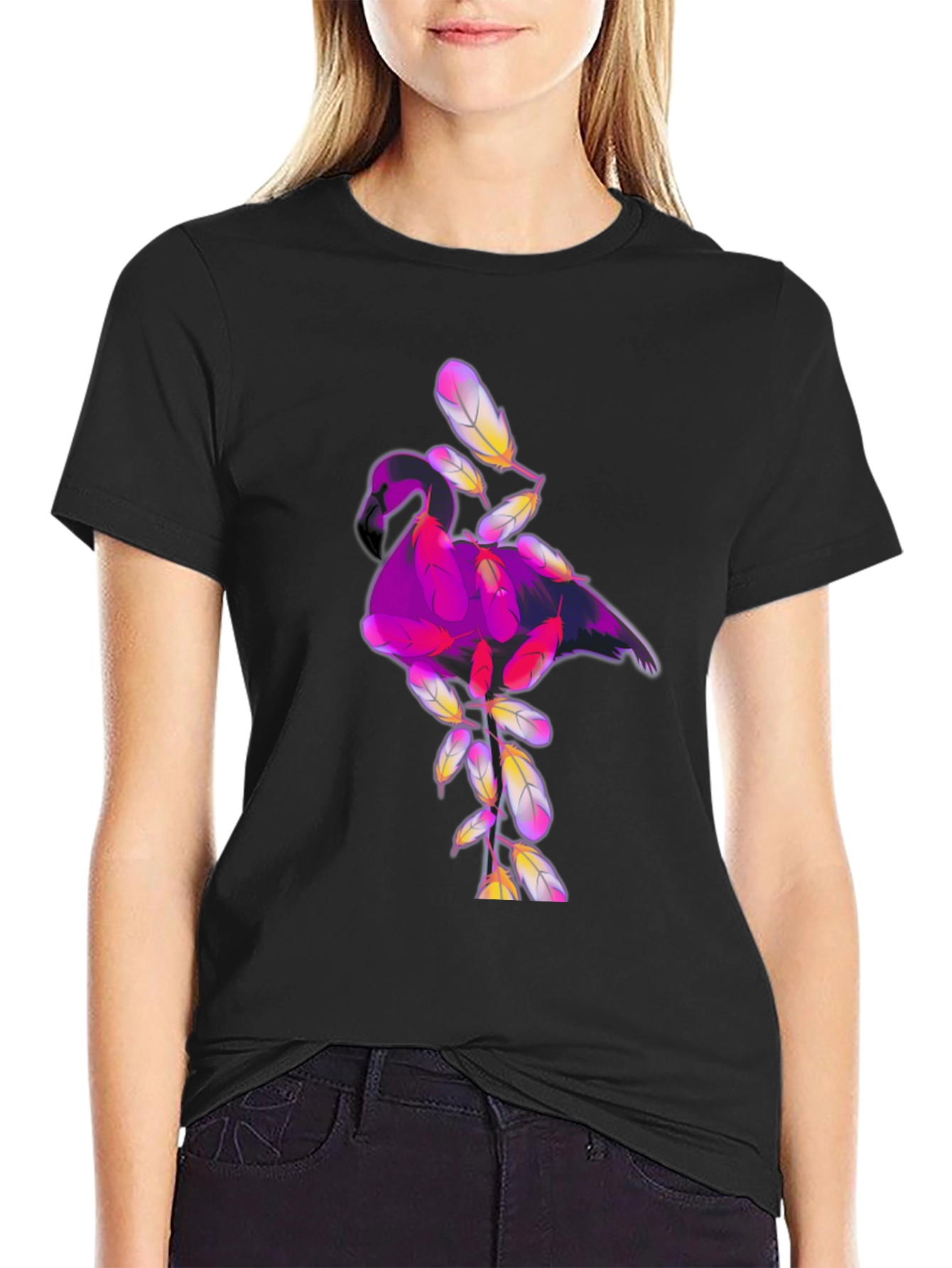 Black Graphic Tee: Flamingo Feather Design