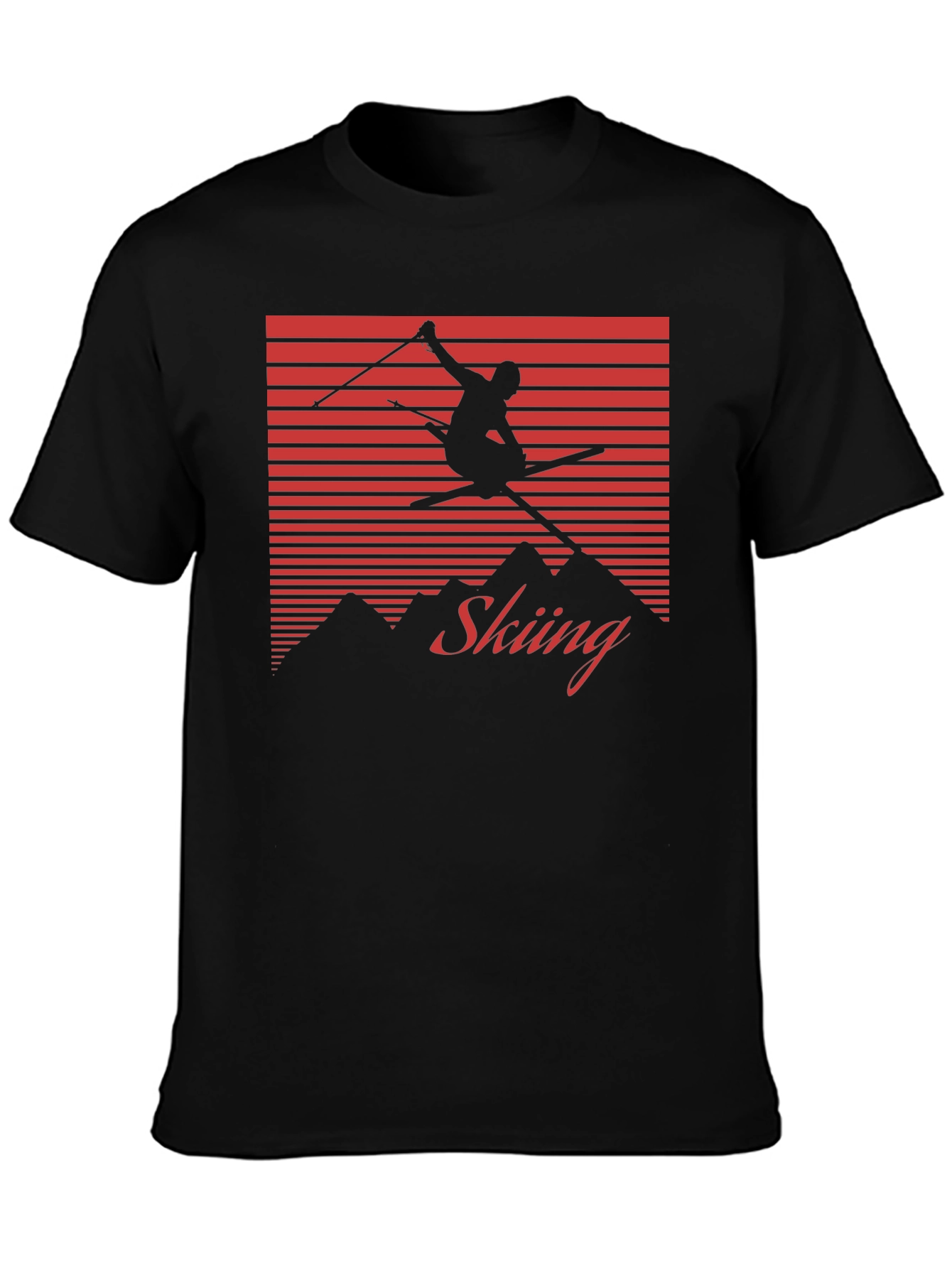 Retro Skiing Graphic Tee - Black Cotton Blend Shirt