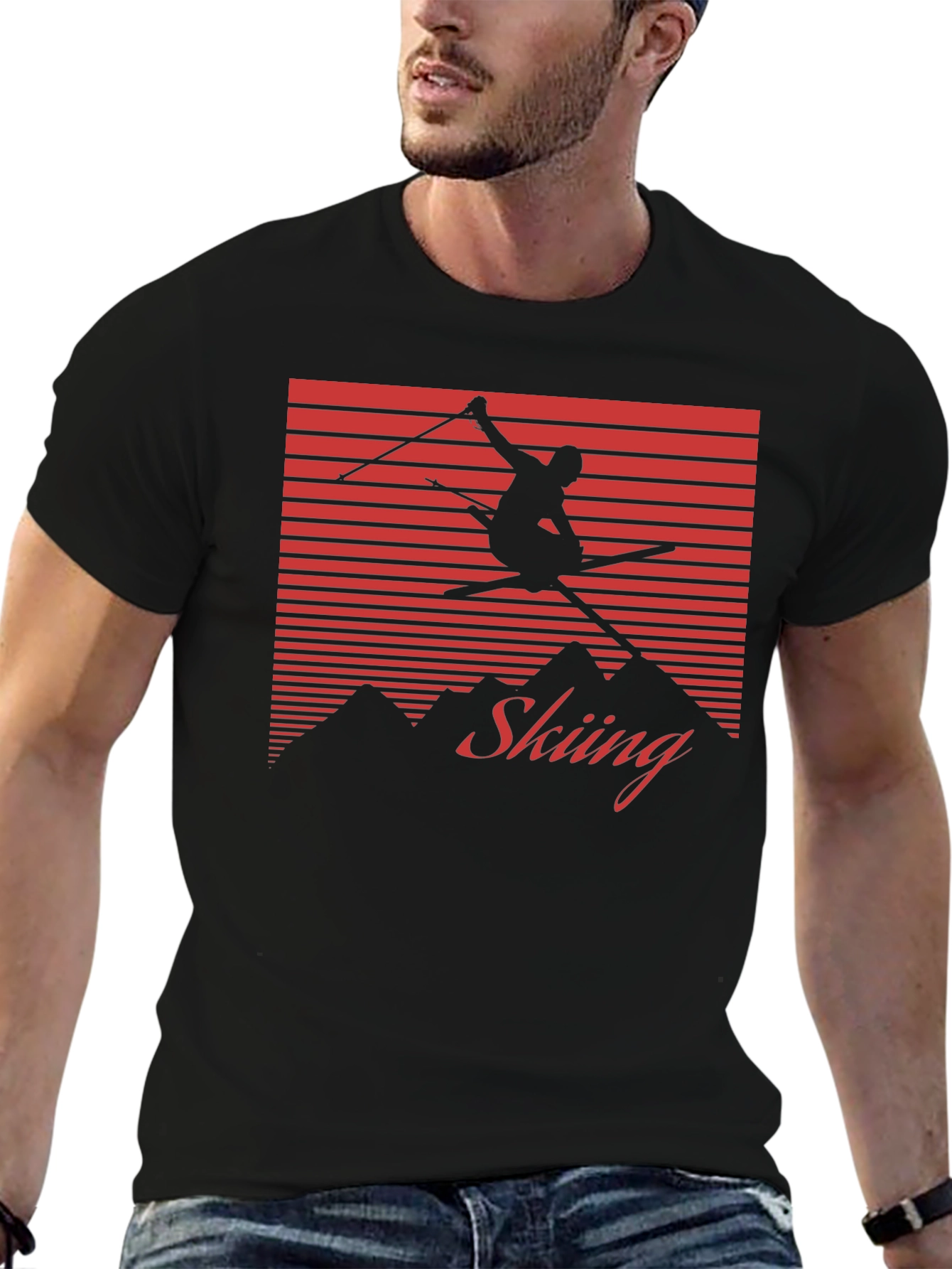 Retro Skiing Graphic Tee - Black Cotton Blend Shirt