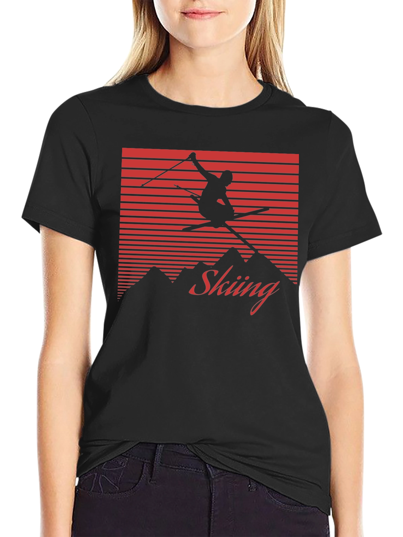 Retro Skiing Graphic Tee - Black Cotton Blend Shirt
