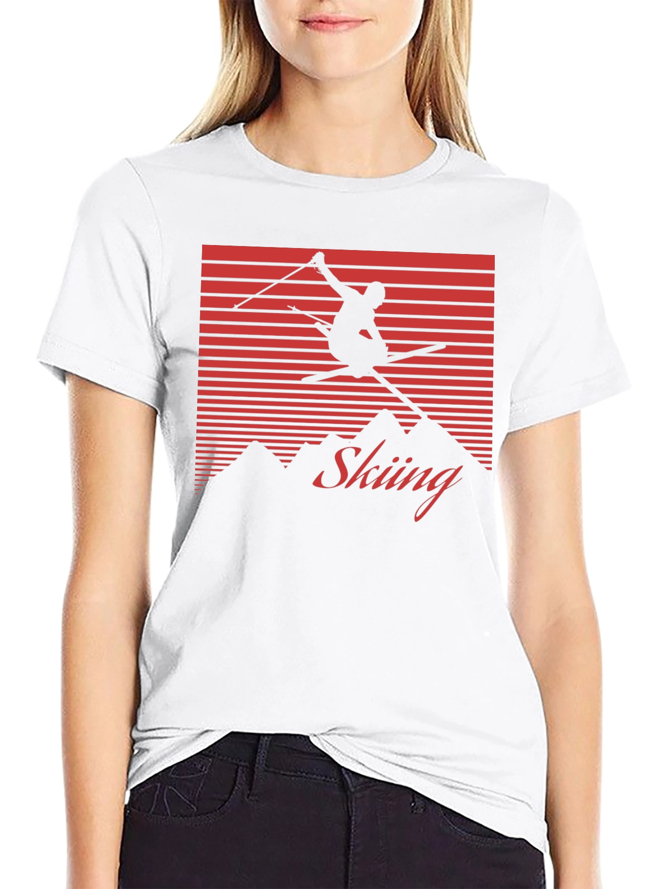 Retro Skiing Graphic Tee - Black Cotton Blend Shirt