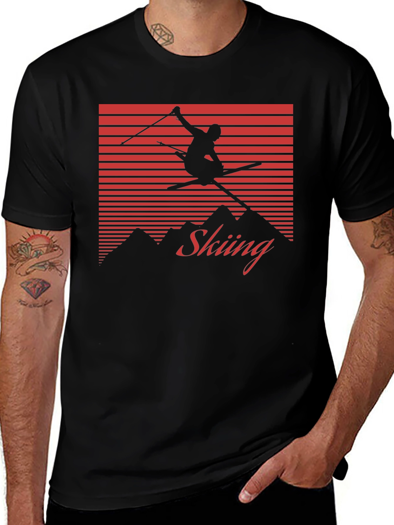Retro Skiing Graphic Tee - Black Cotton Blend Shirt