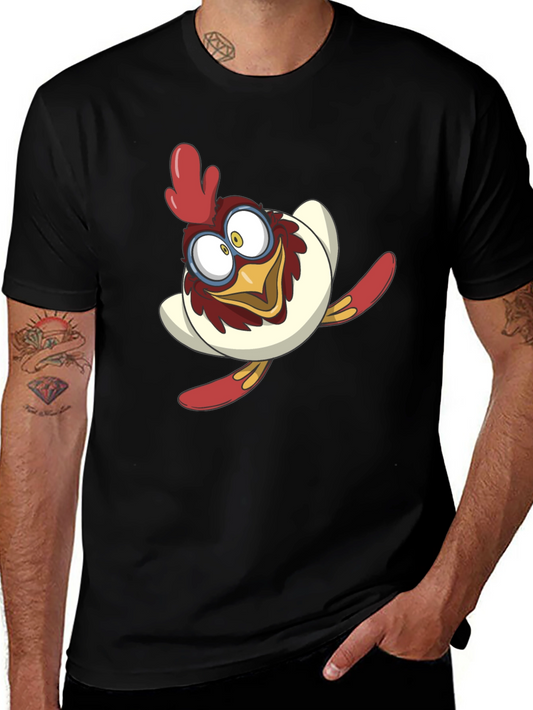 Cartoon Chicken Graphic Tee - Black Cotton Blend Shirt
