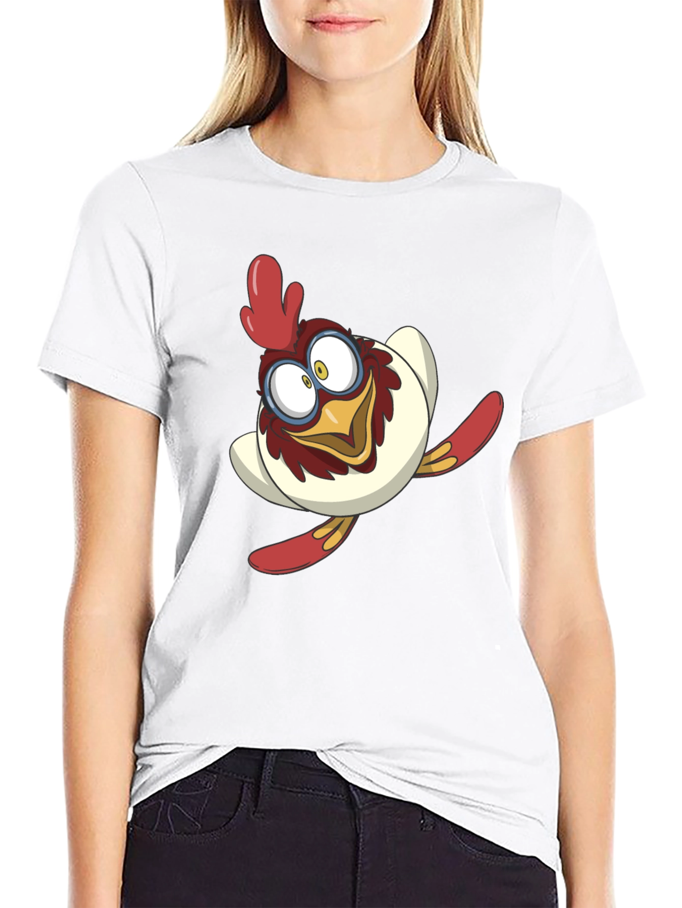 Cartoon Chicken Graphic Tee - Black Cotton Blend Shirt