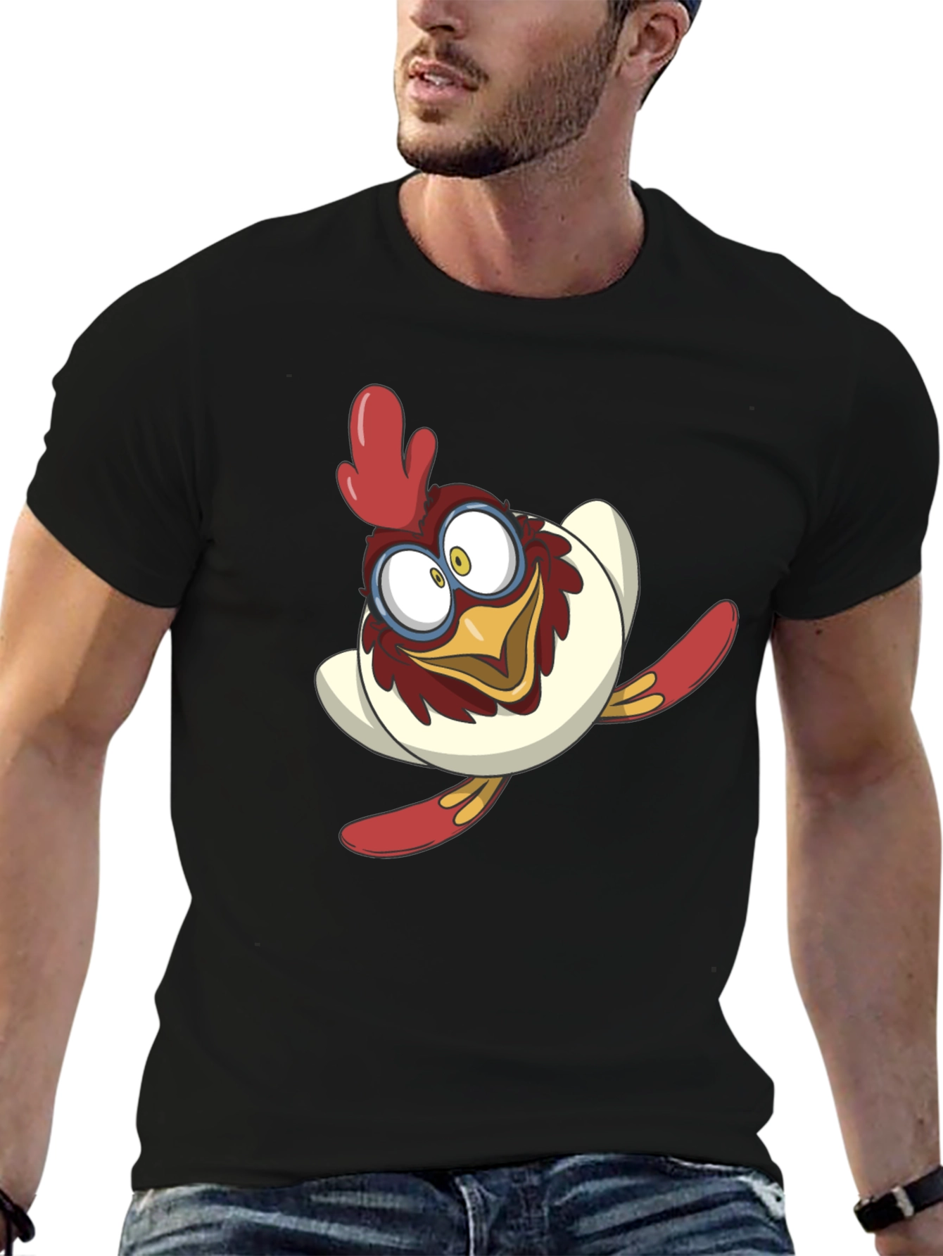 Cartoon Chicken Graphic Tee - Black Cotton Blend Shirt