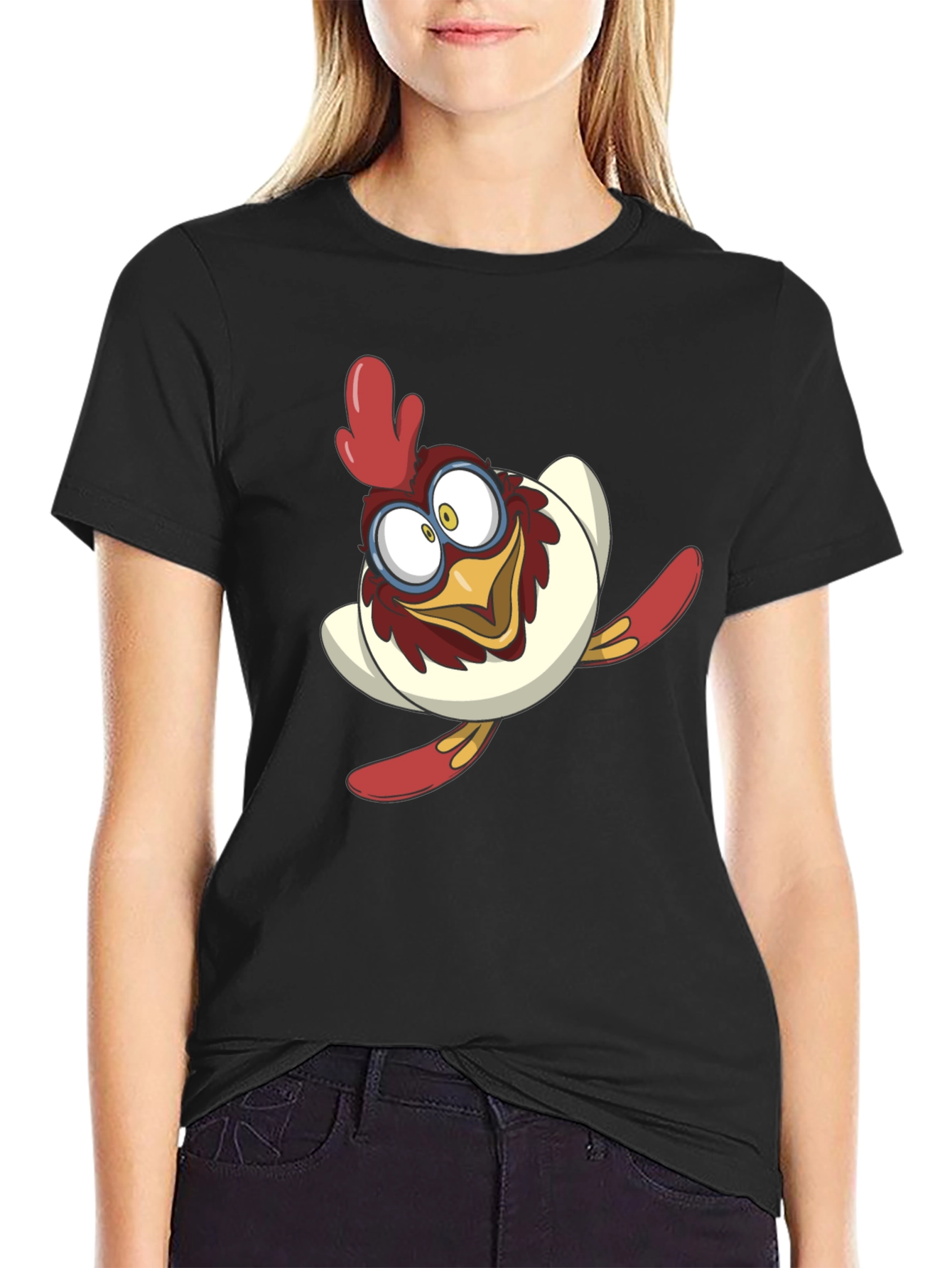 Cartoon Chicken Graphic Tee - Black Cotton Blend Shirt