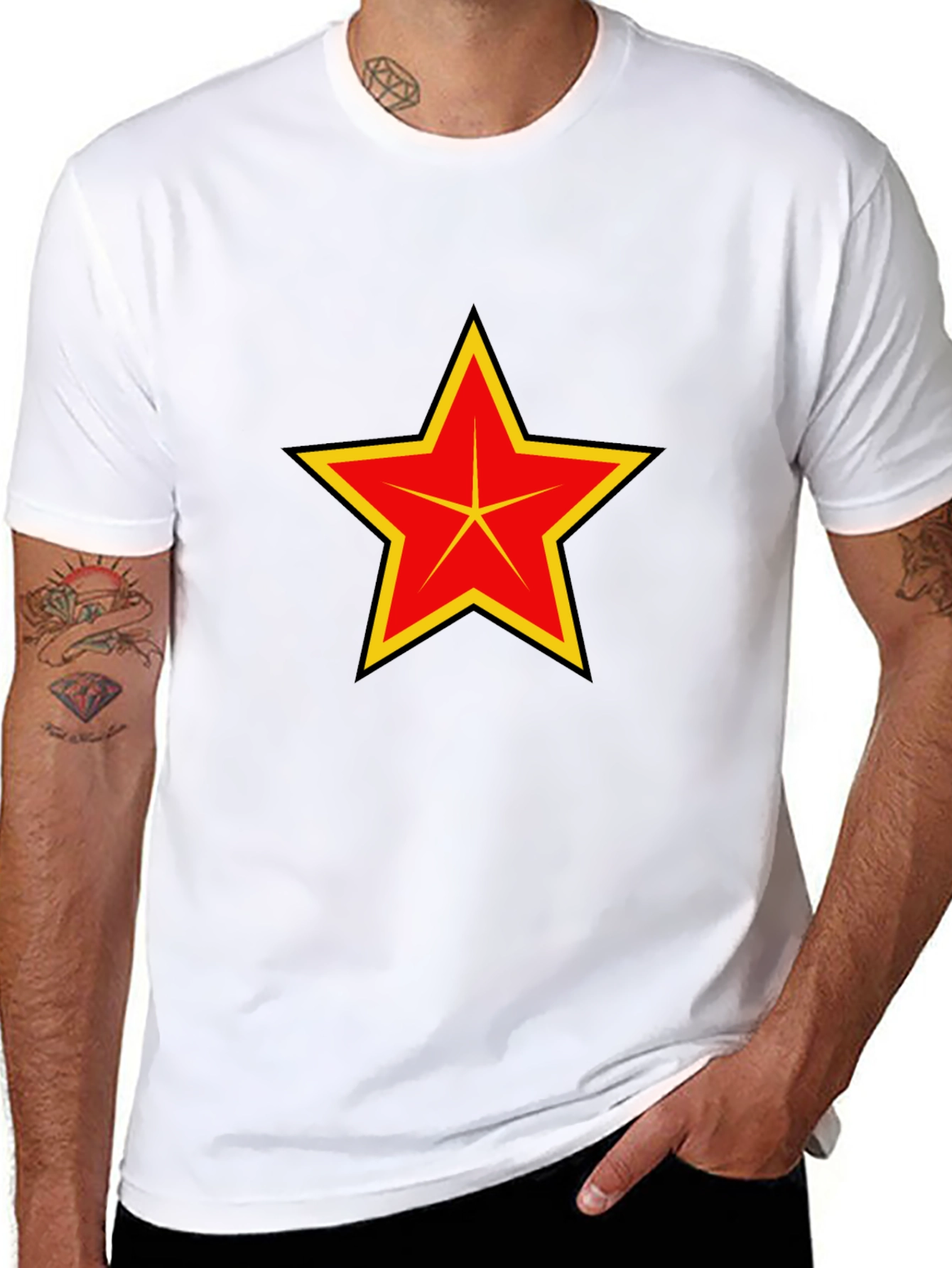 Red & Yellow Star Graphic Black T-Shirt