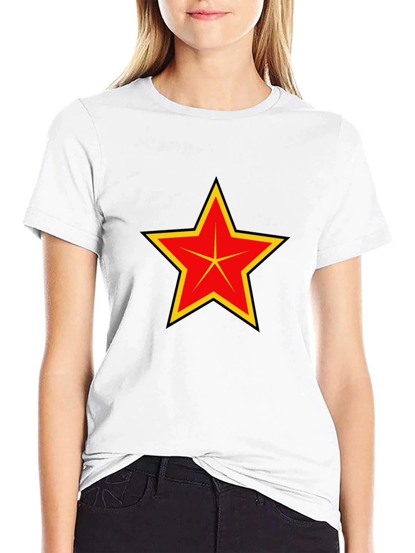 Red & Yellow Star Graphic Black T-Shirt