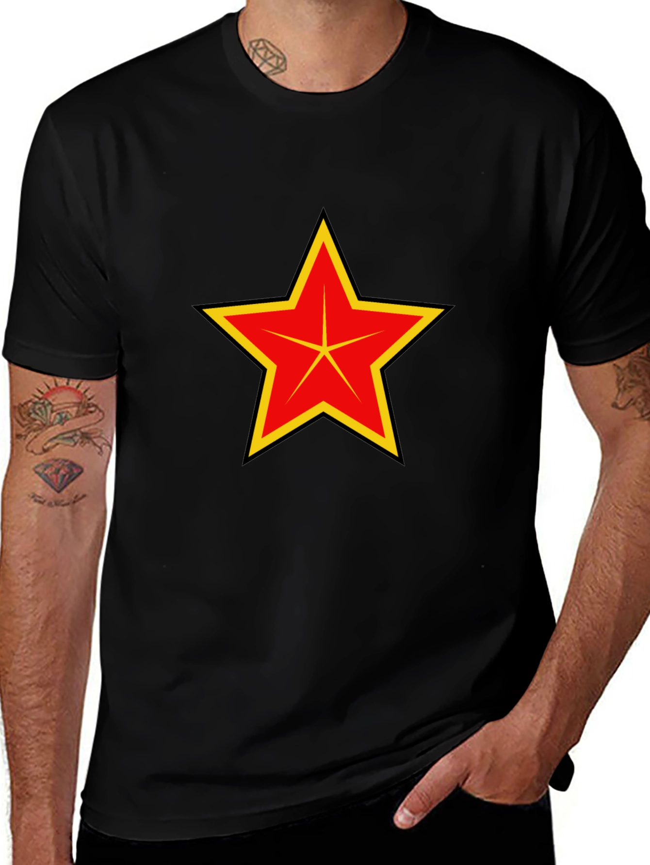 Red & Yellow Star Graphic Black T-Shirt