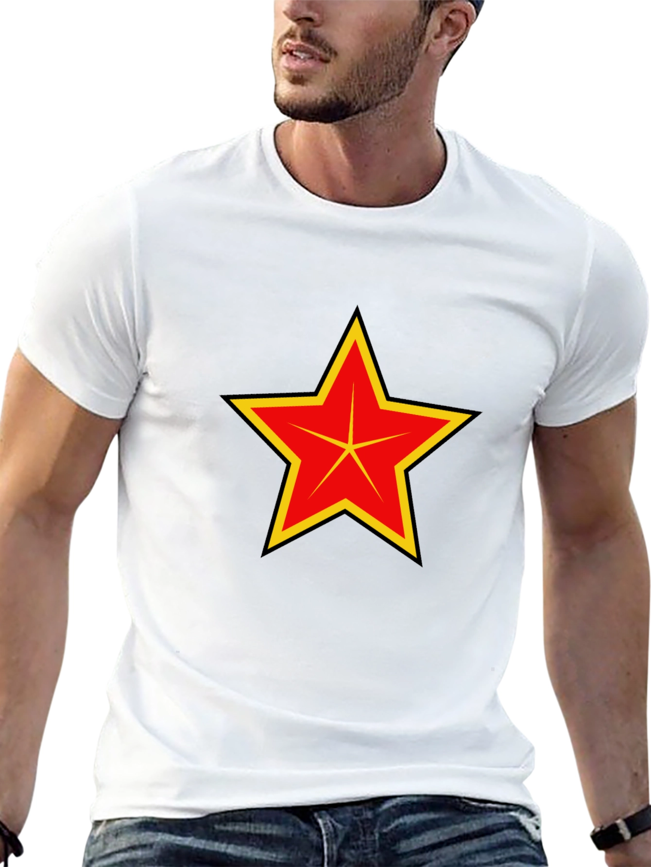 Red & Yellow Star Graphic Black T-Shirt