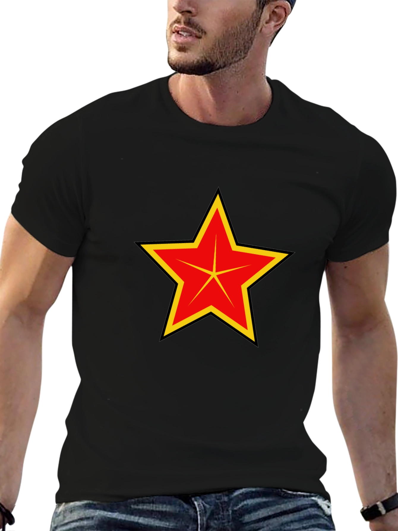 Red & Yellow Star Graphic Black T-Shirt
