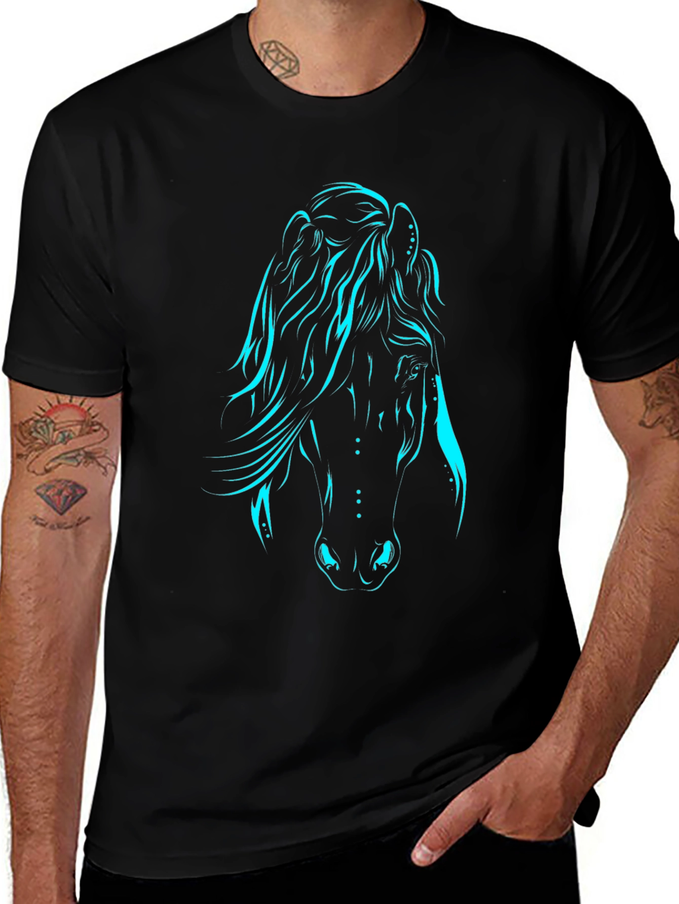 Black T-Shirt with Luminous Horse Graphic