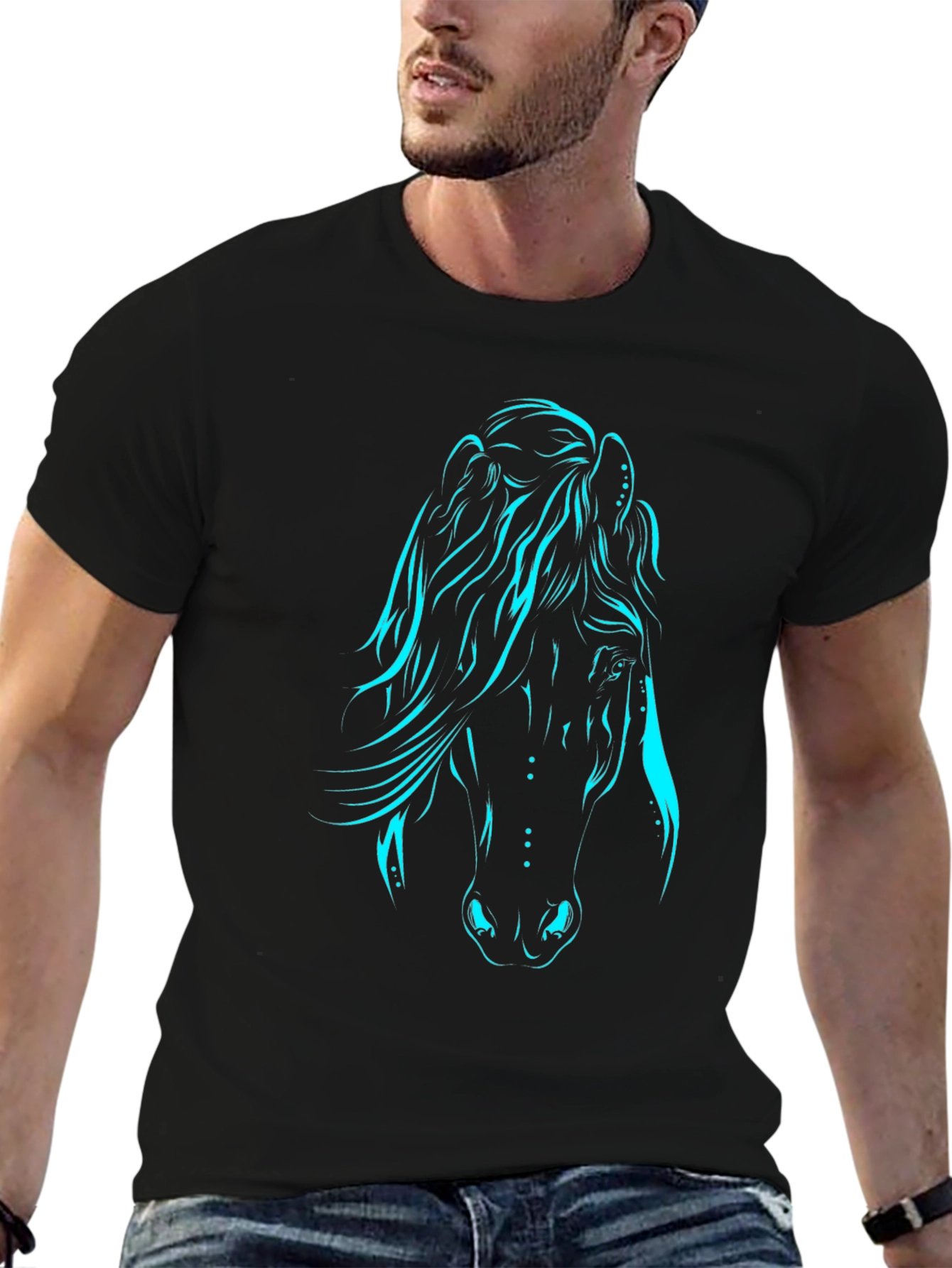 Black T-Shirt with Luminous Horse Graphic