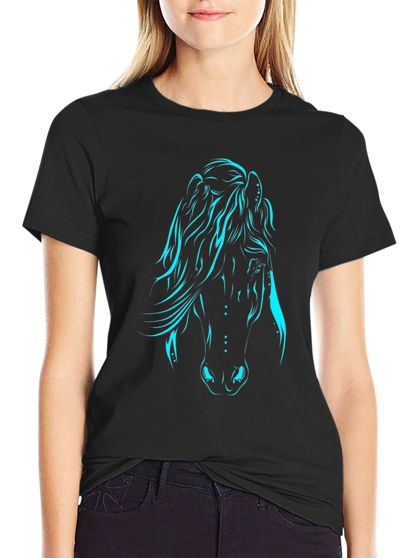 Black T-Shirt with Luminous Horse Graphic