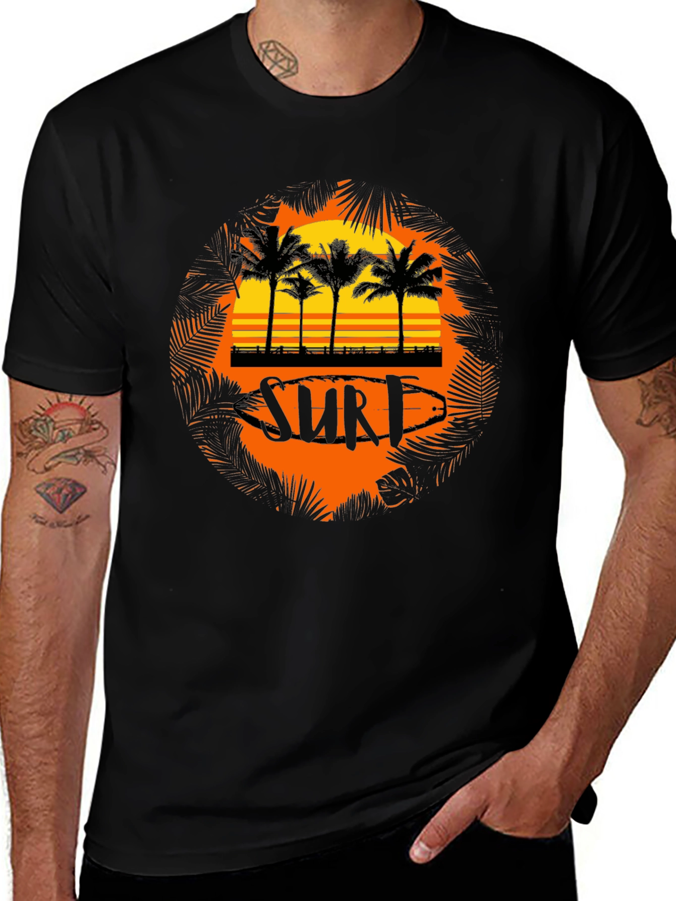 Surf Sunset Palm Tree Graphic Tee - Black