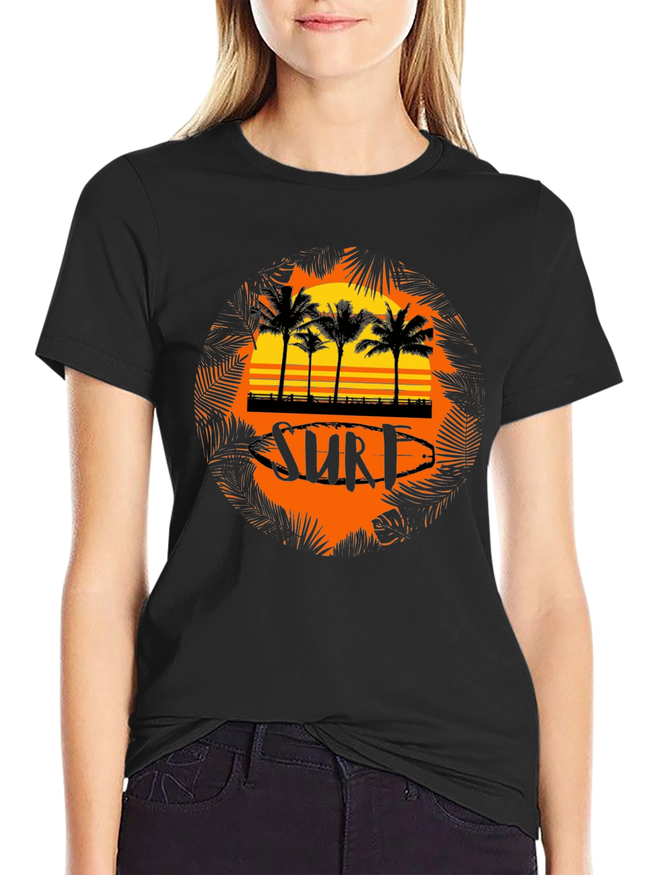 Surf Sunset Palm Tree Graphic Tee - Black