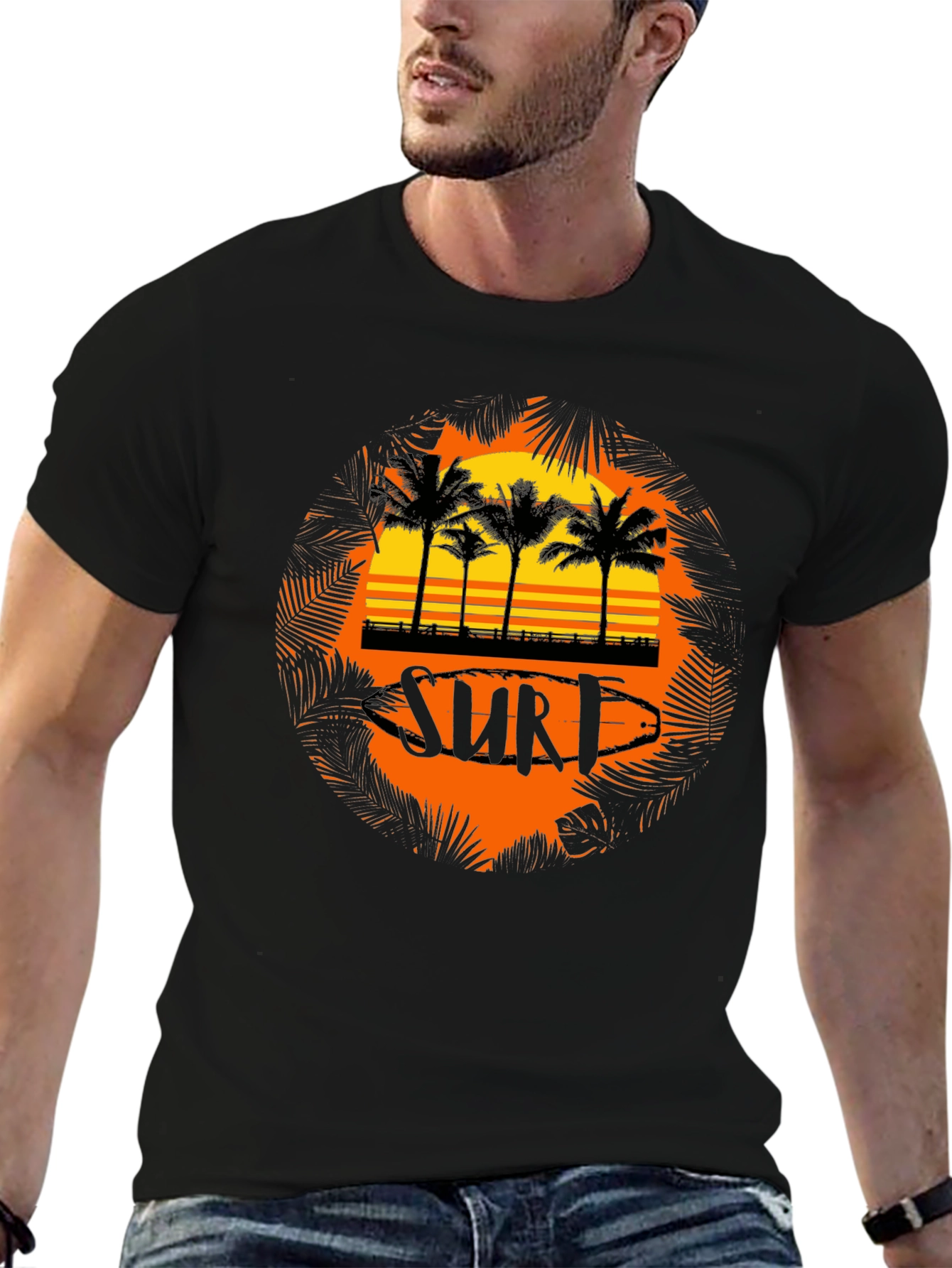 Surf Sunset Palm Tree Graphic Tee - Black