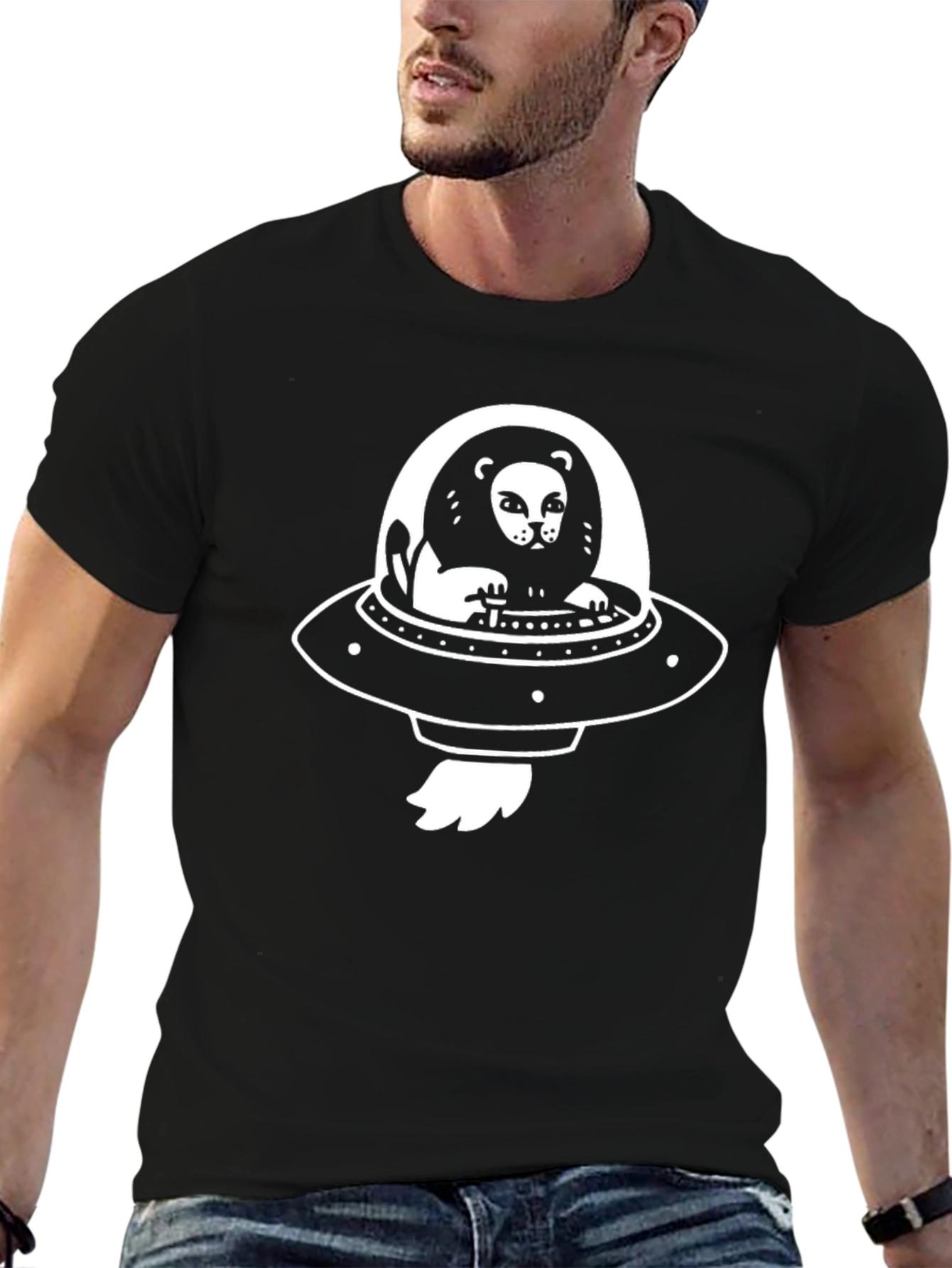 Lion in UFO T-Shirt - Black Cotton Graphic Tee