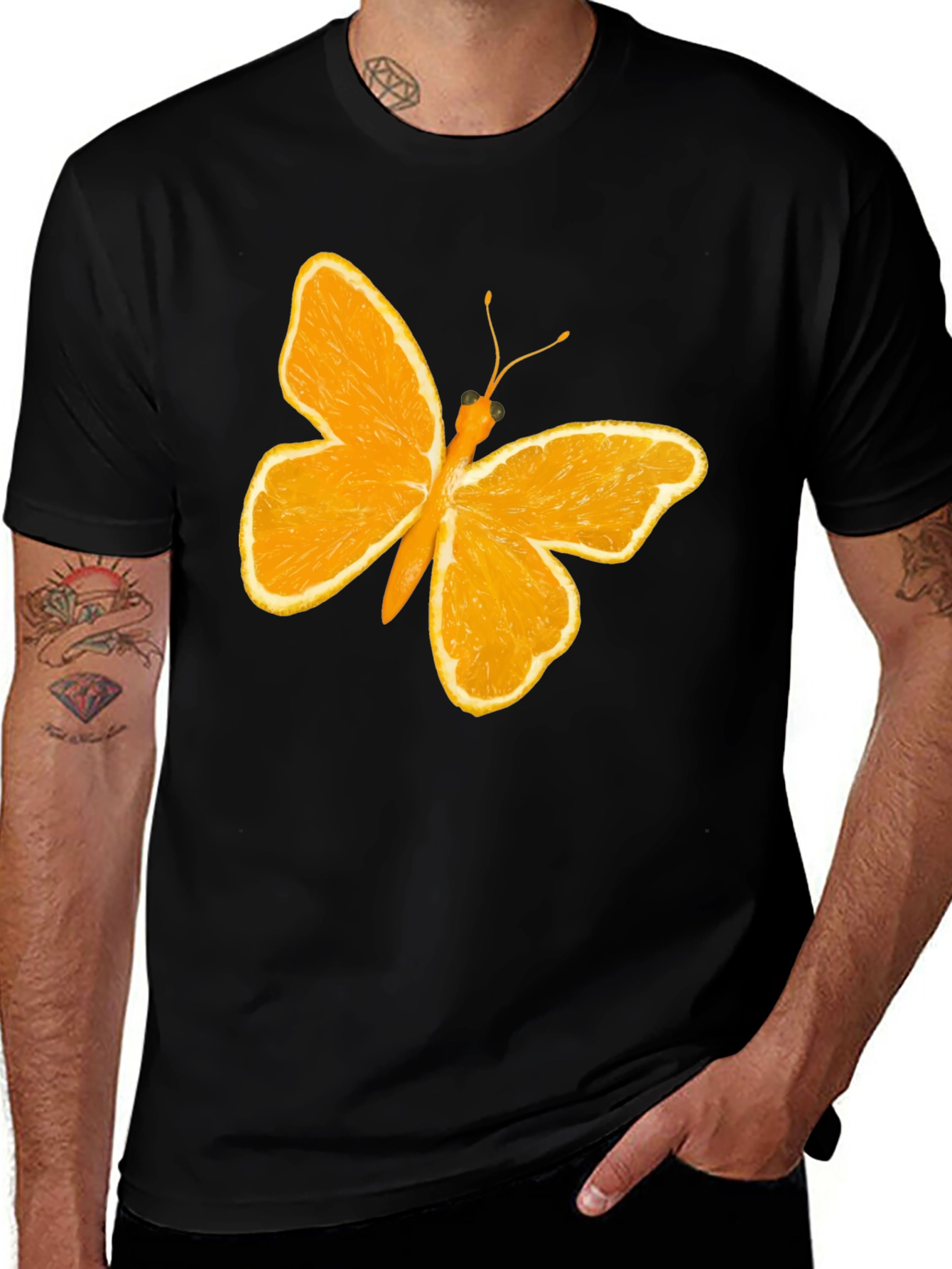 Orange Butterfly Graphic Black T-Shirt