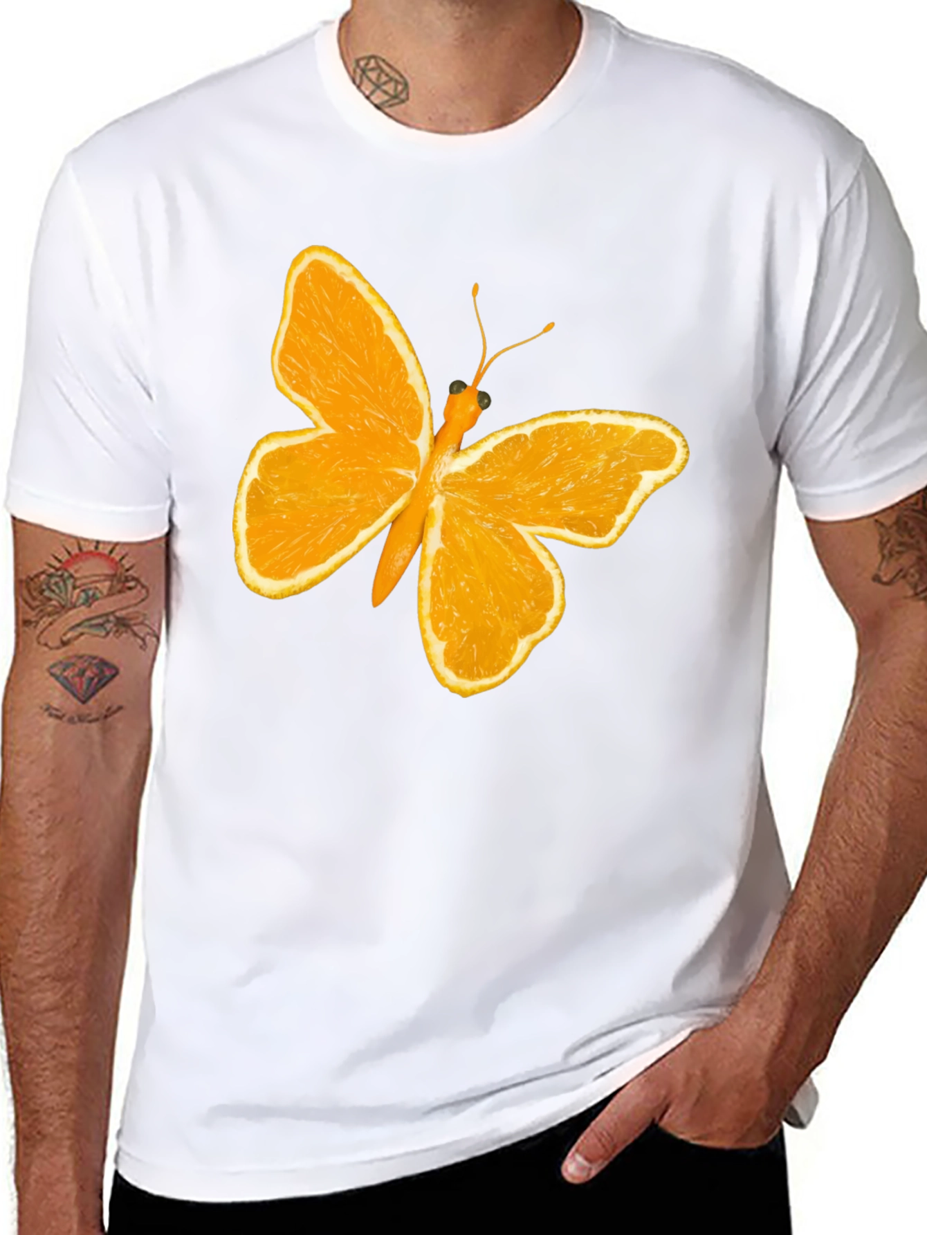 Orange Butterfly Graphic Black T-Shirt
