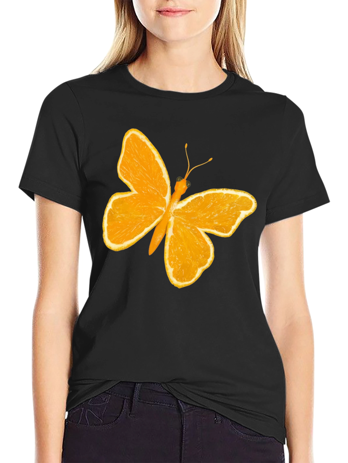 Orange Butterfly Graphic Black T-Shirt