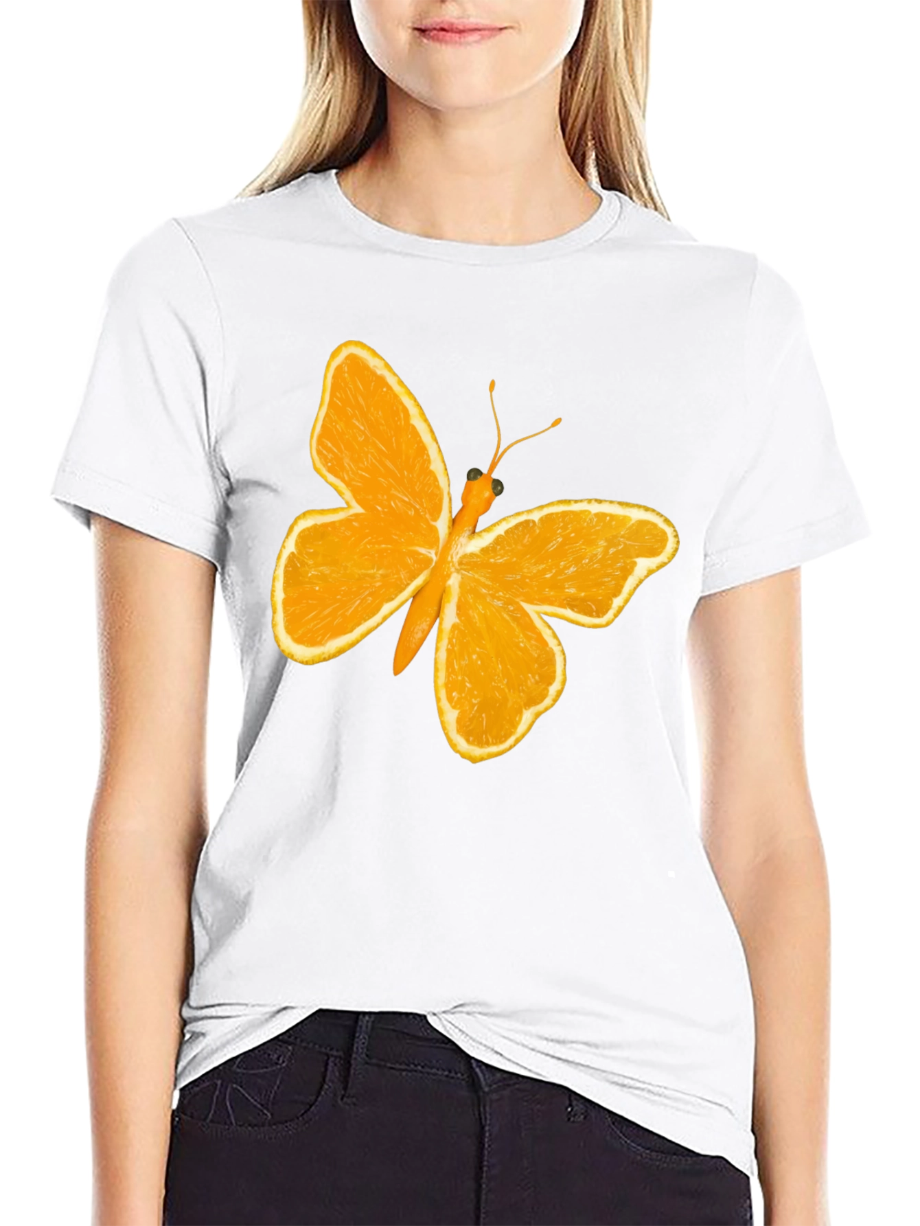Orange Butterfly Graphic Black T-Shirt