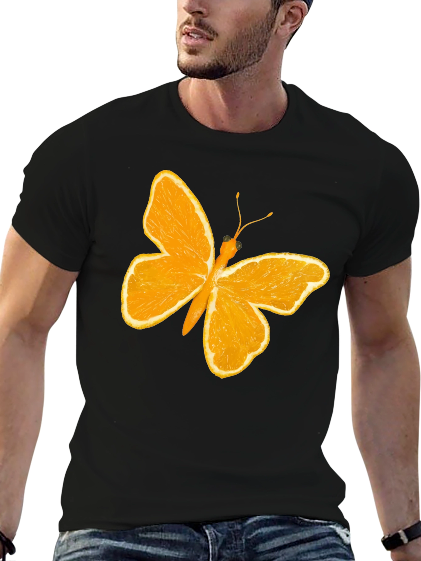 Orange Butterfly Graphic Black T-Shirt