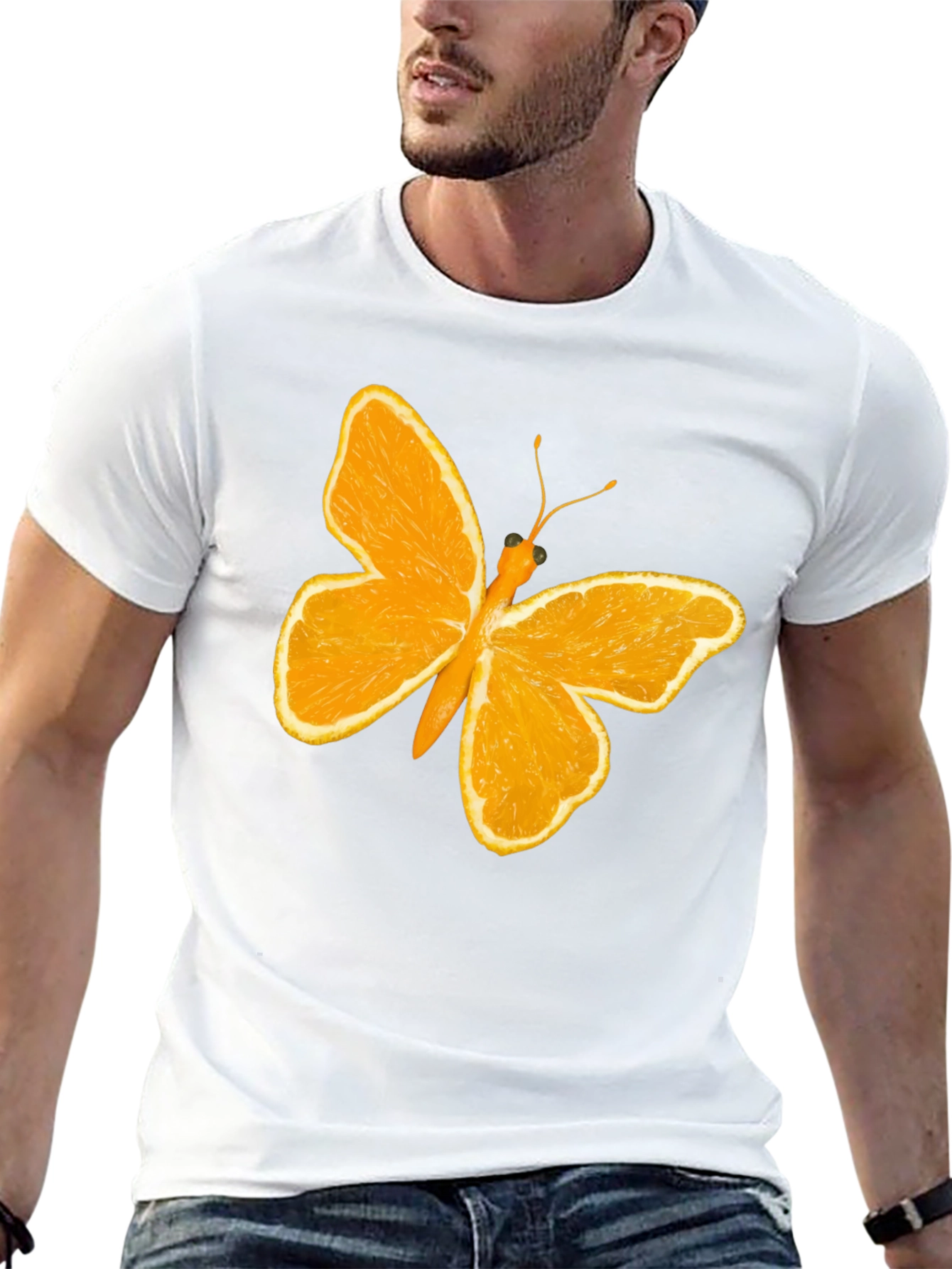 Orange Butterfly Graphic Black T-Shirt
