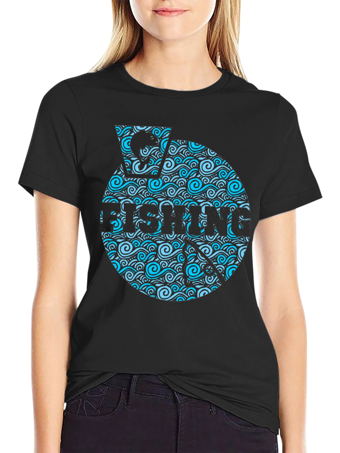 Fishing Wave Graphic T-Shirt - Black