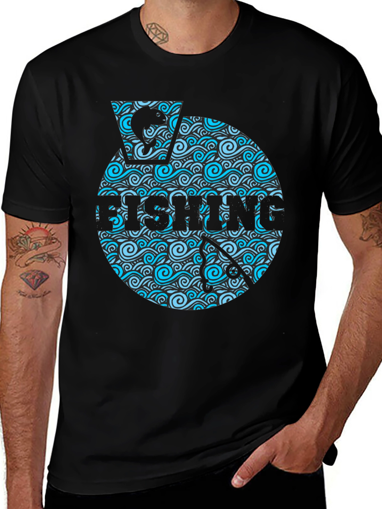 Fishing Wave Graphic T-Shirt - Black