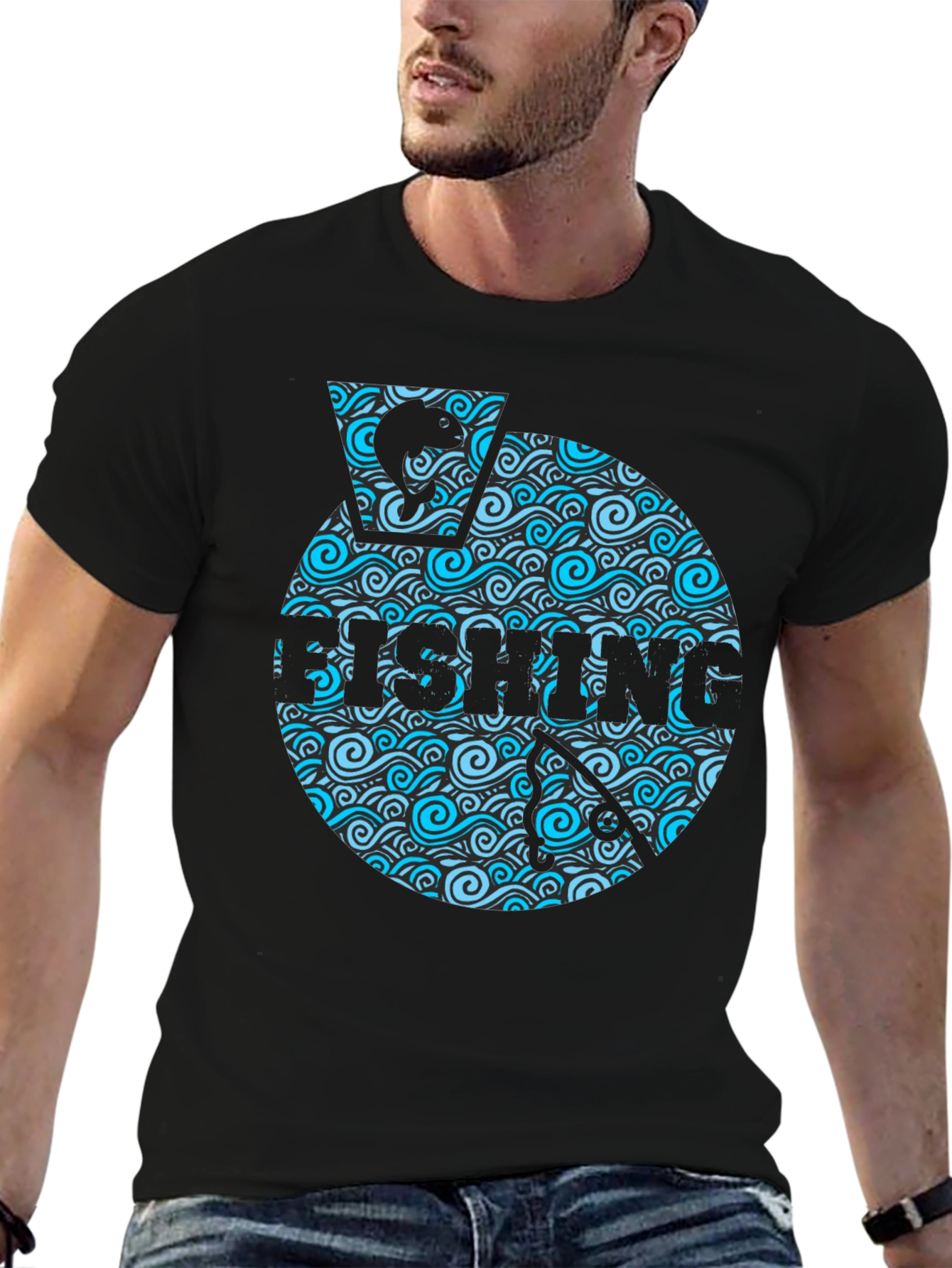 Fishing Wave Graphic T-Shirt - Black