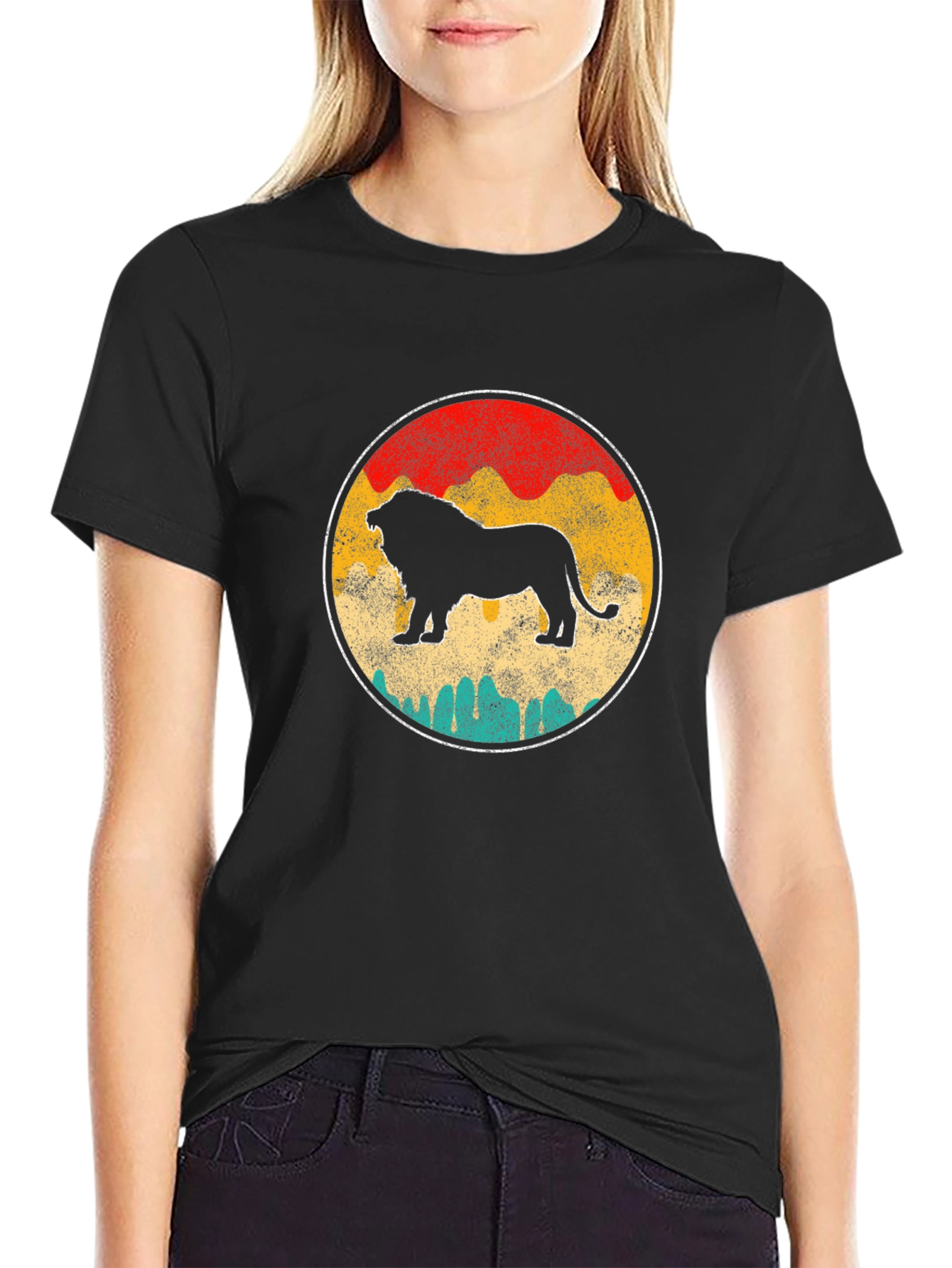Retro Lion Graphic Tee - Black Crewneck T-Shirt