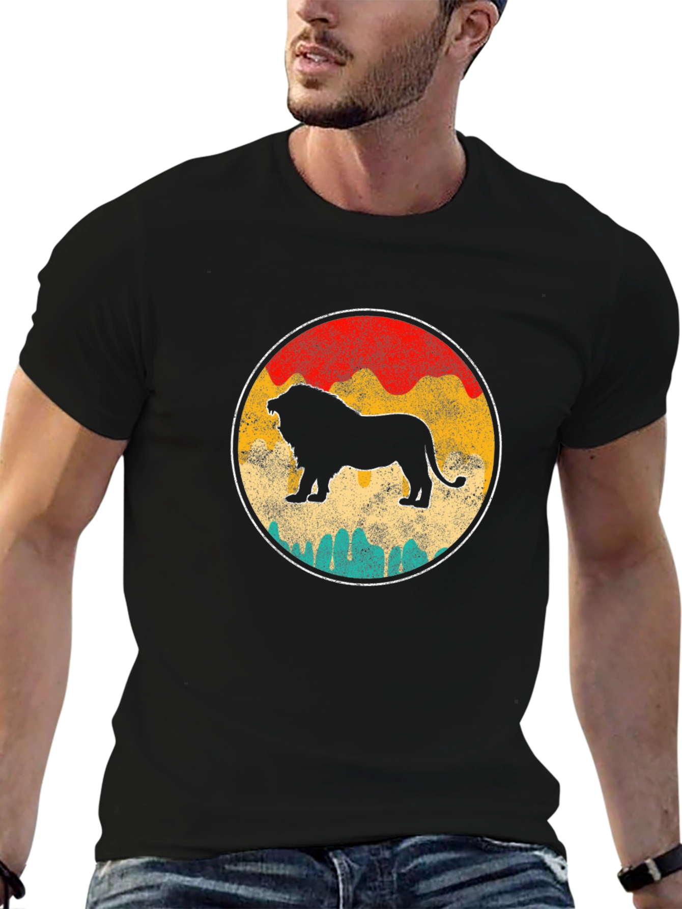 Retro Lion Graphic Tee - Black Crewneck T-Shirt