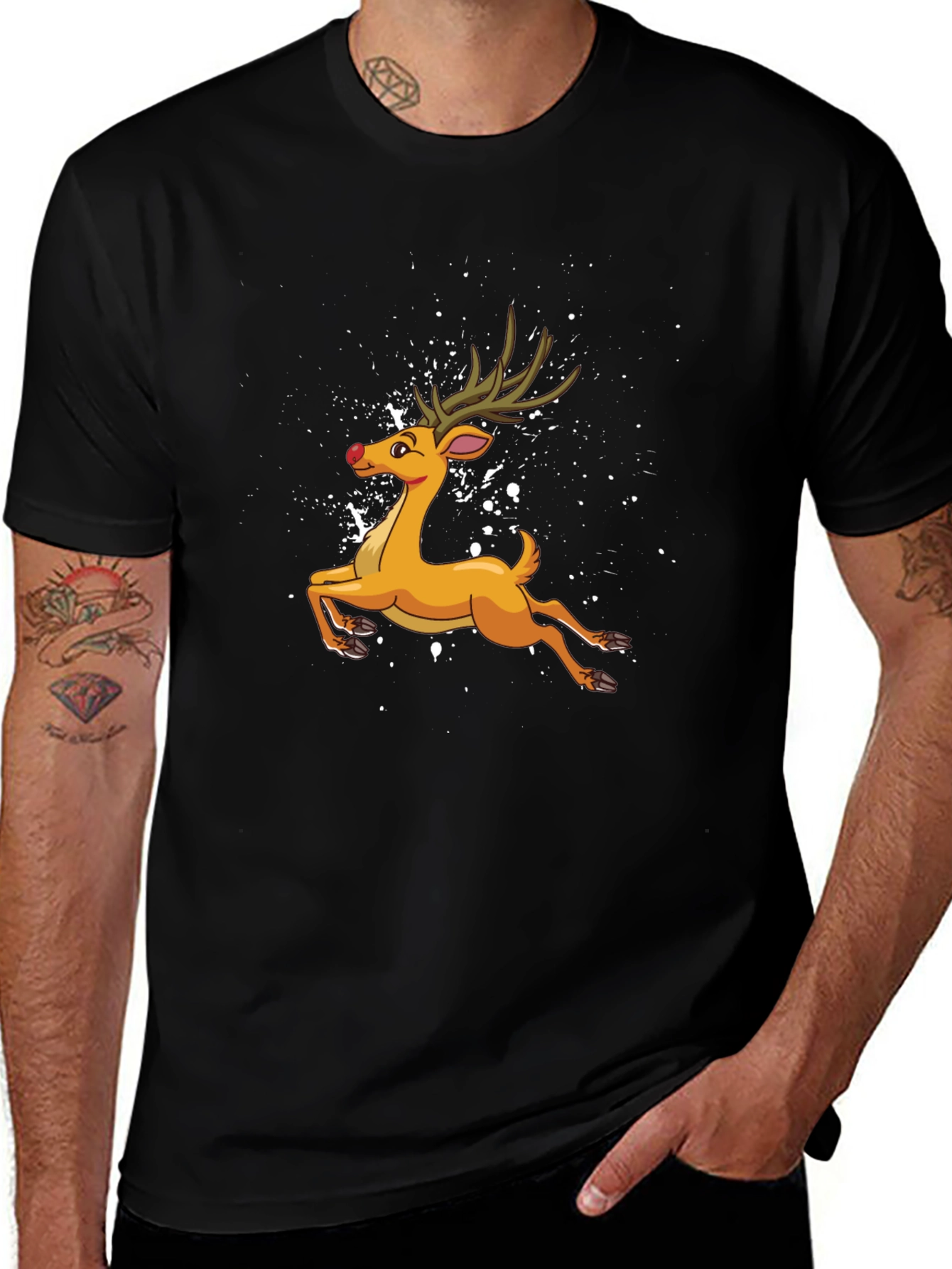 Cartoon Reindeer Black T-Shirt