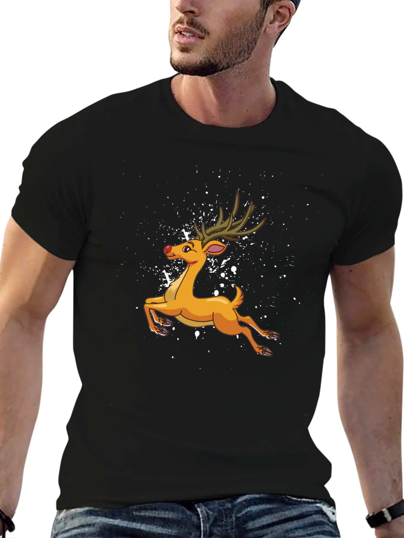 Cartoon Reindeer Black T-Shirt