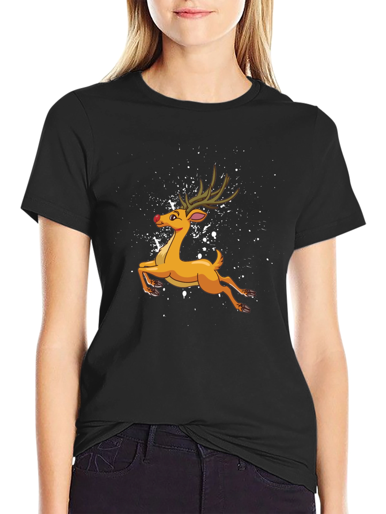 Cartoon Reindeer Black T-Shirt