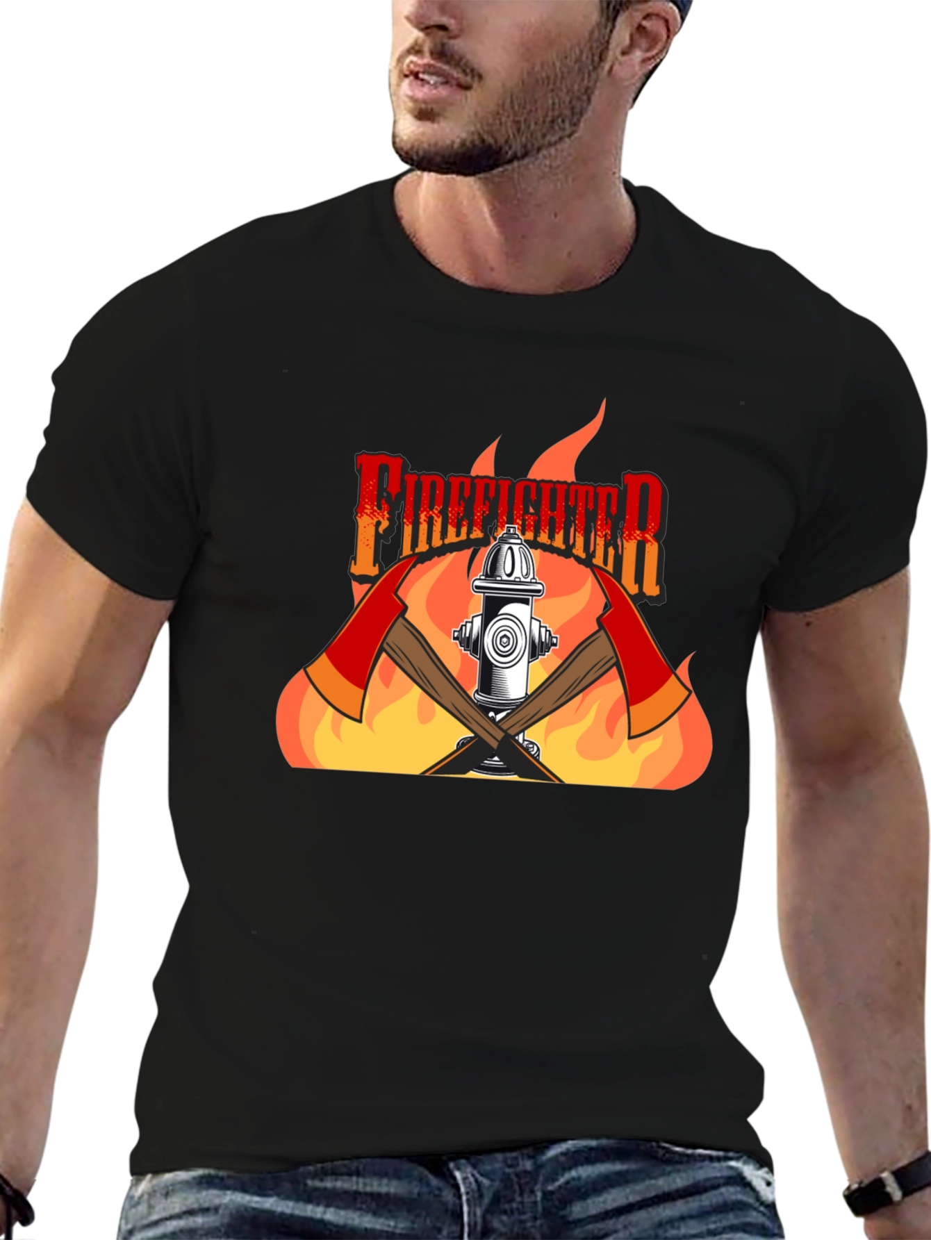 Firefighter Graphic Print Black T-Shirt