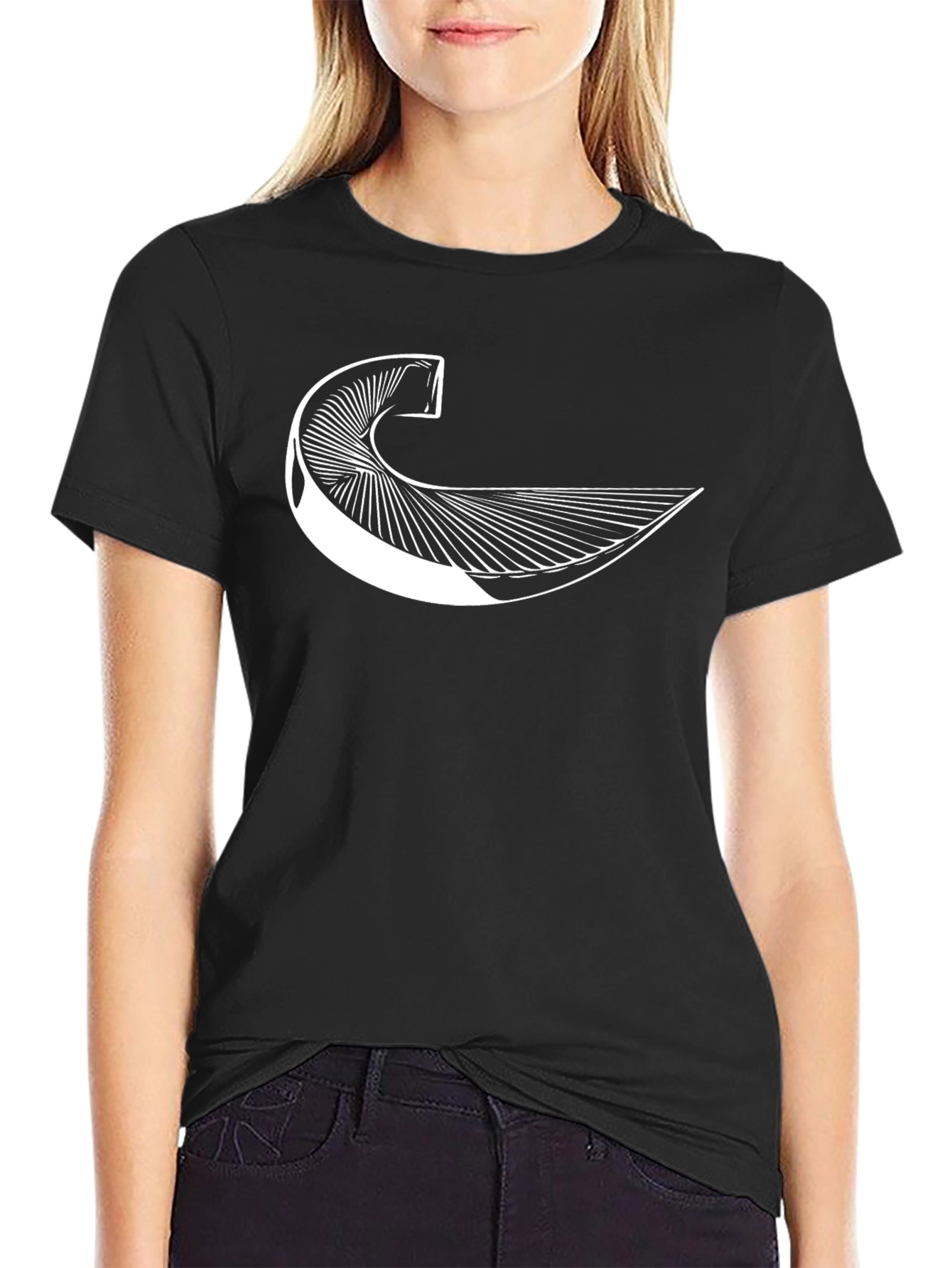 Abstract Geometric Wave Graphic Tee - Black Cotton