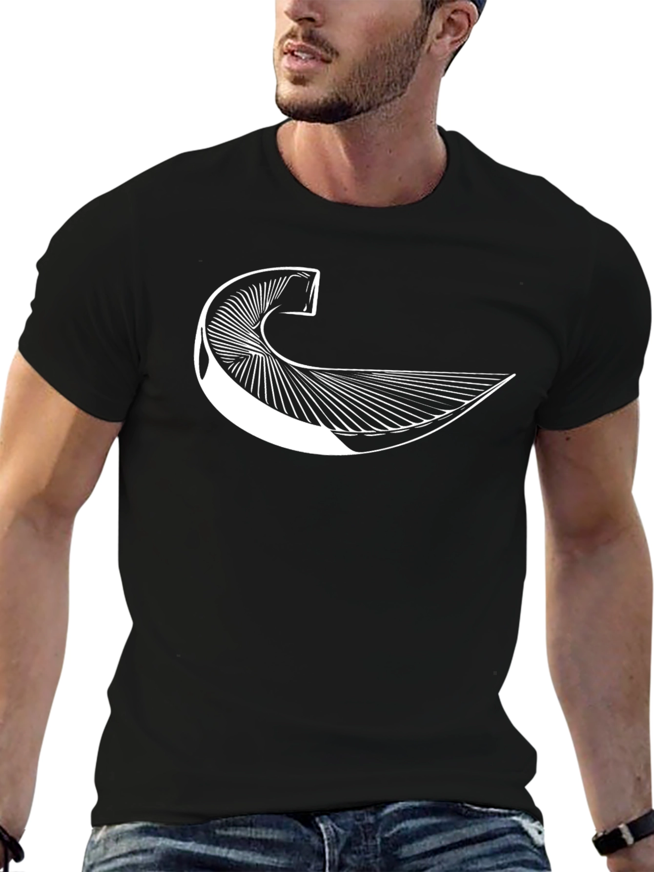 Abstract Geometric Wave Graphic Tee - Black Cotton