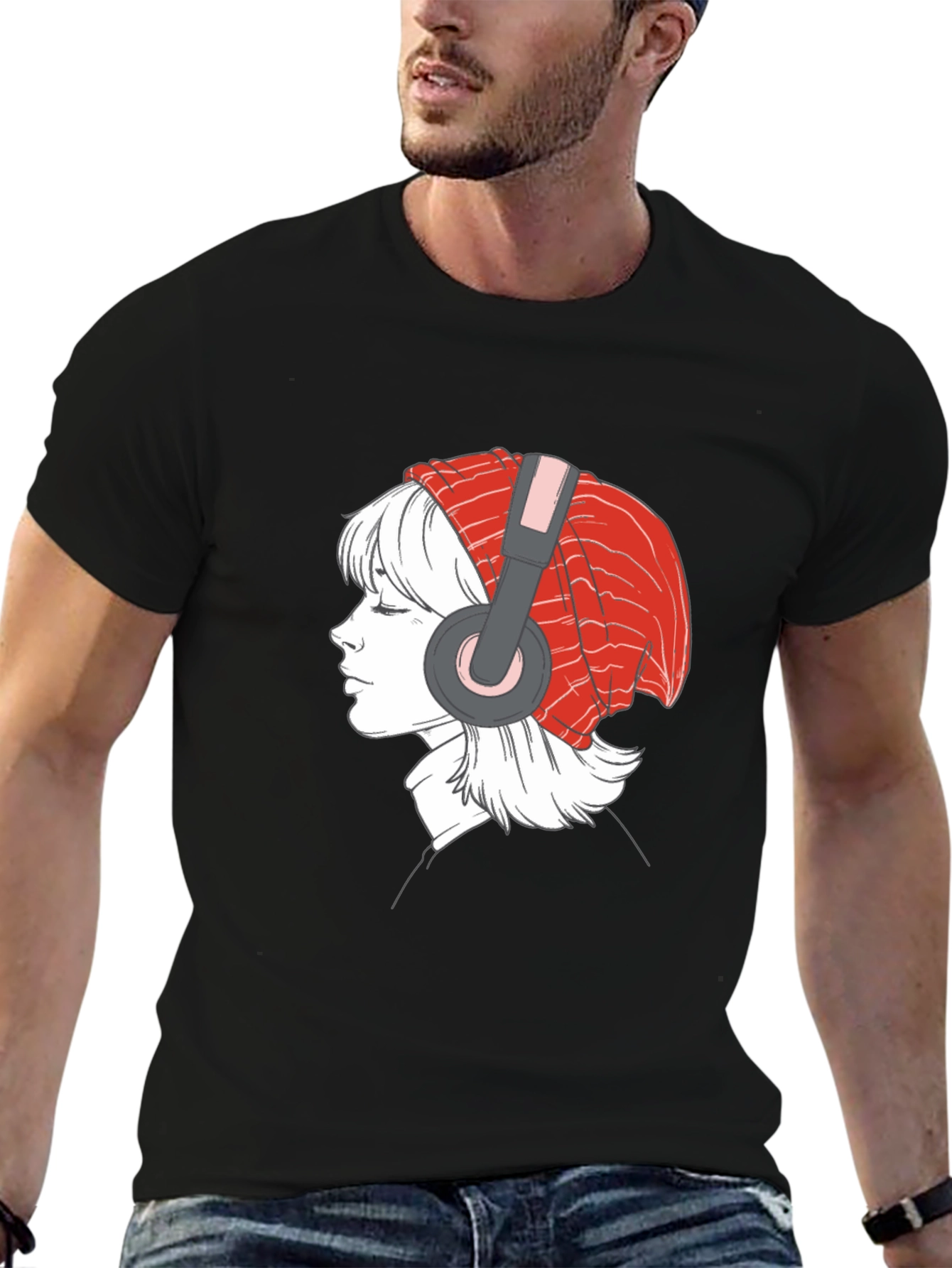 Headphone Girl Graphic T-Shirt - Casual Black Tee
