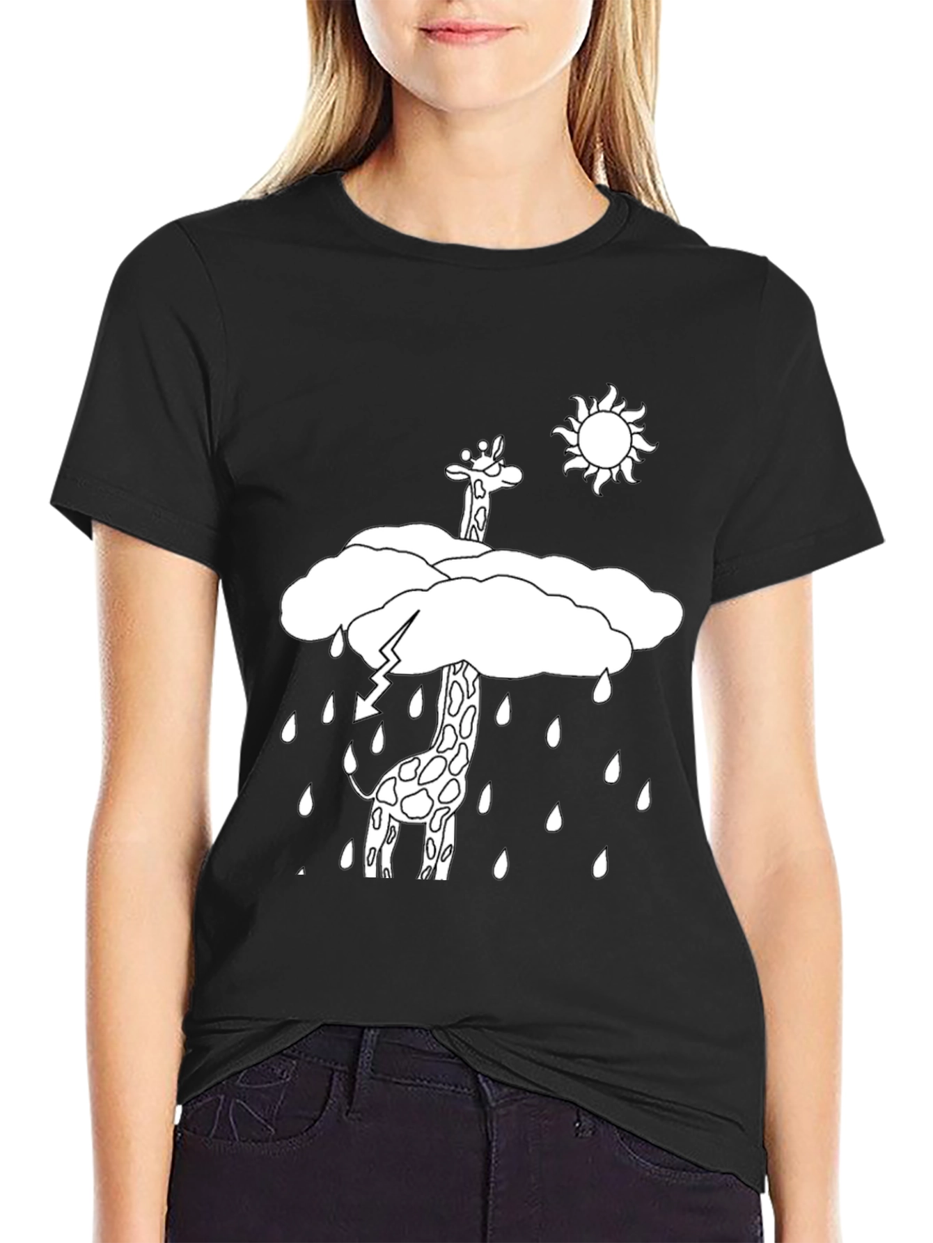 Giraffe Rain Cloud Graphic T-Shirt - Black