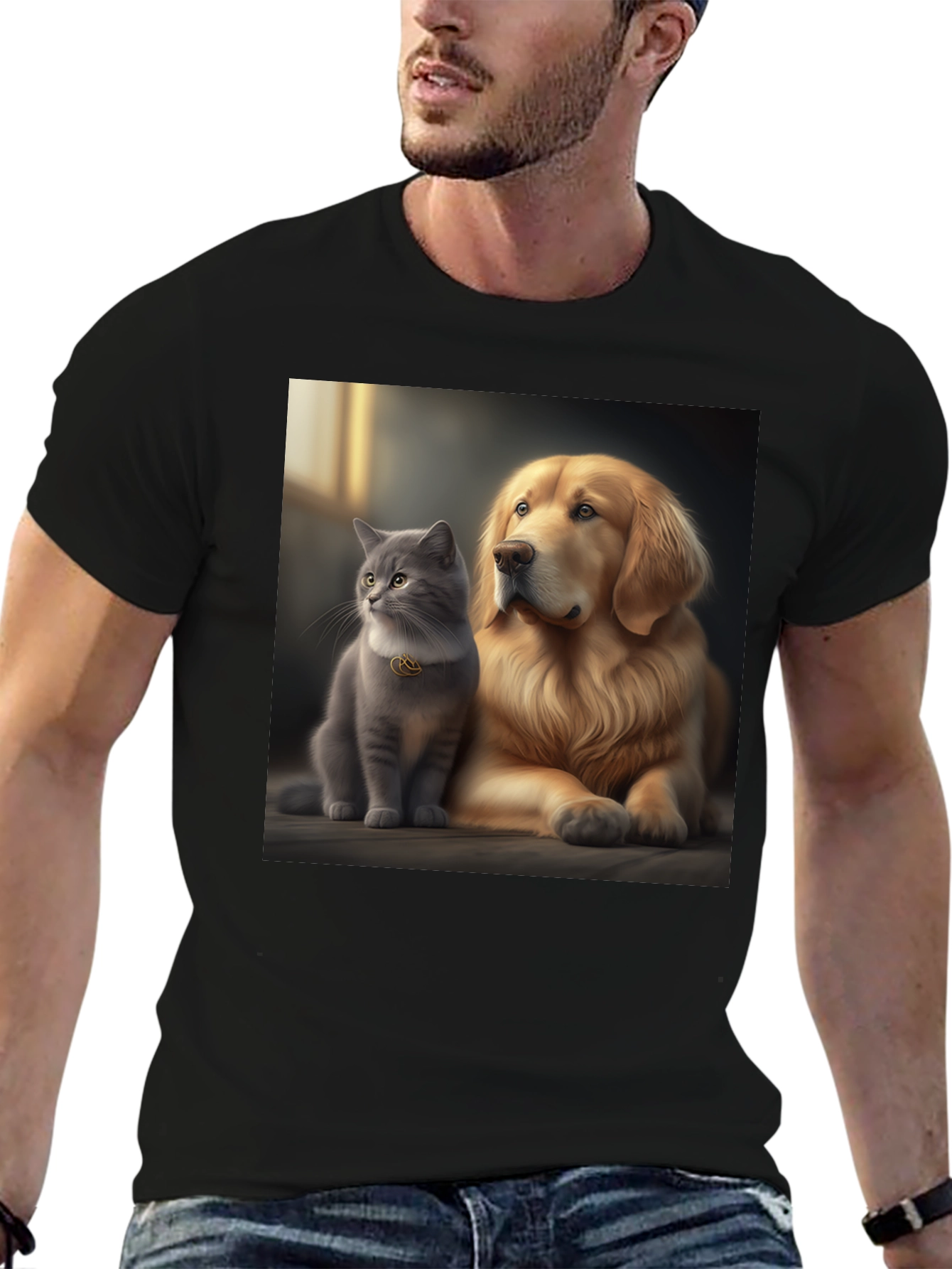 Cat and Dog Best Friends Black T-Shirt