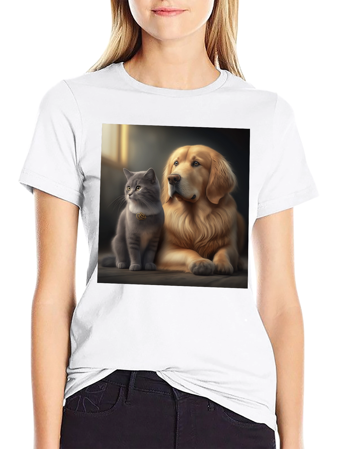 Cat and Dog Best Friends Black T-Shirt