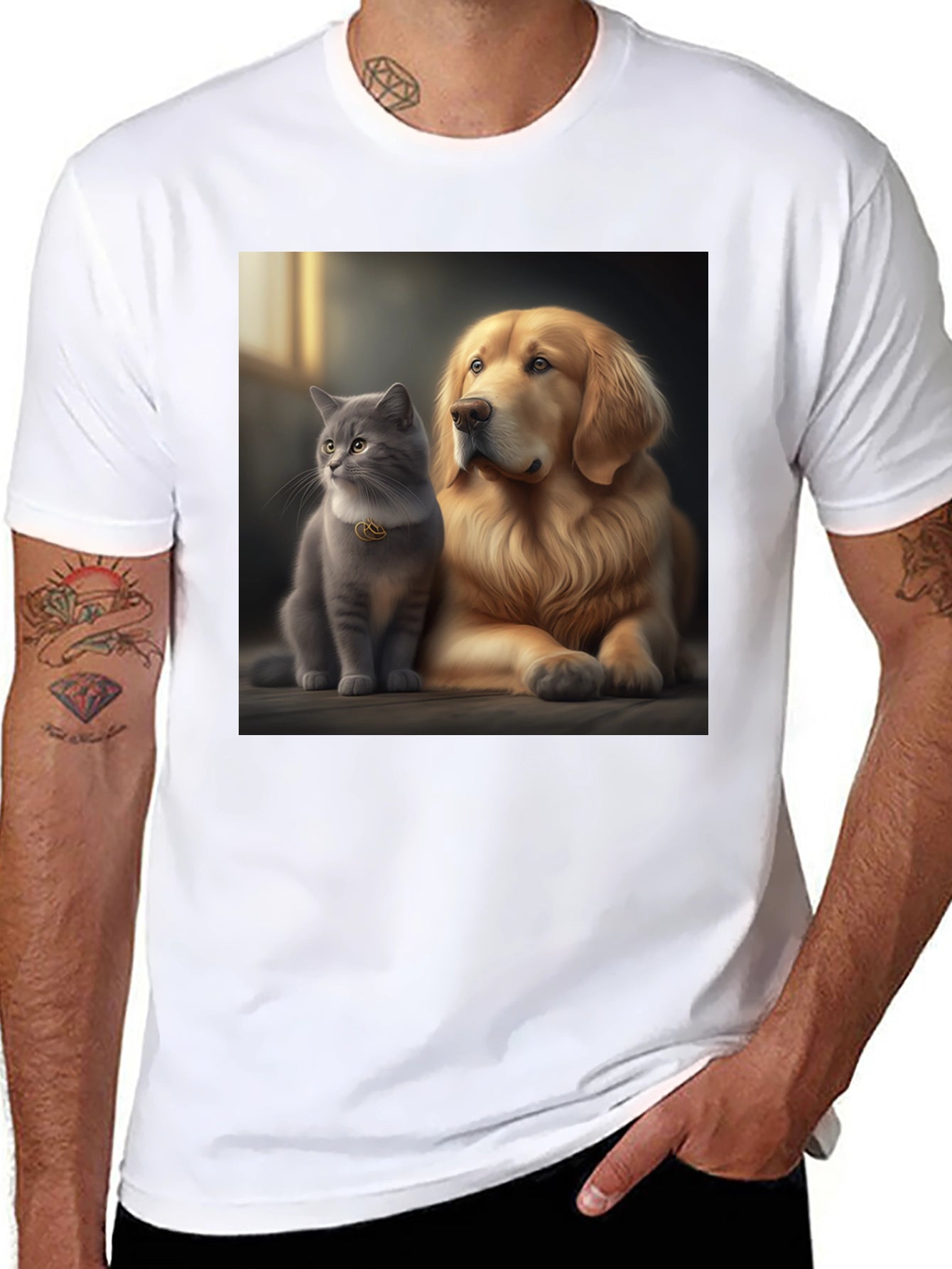 Cat and Dog Best Friends Black T-Shirt