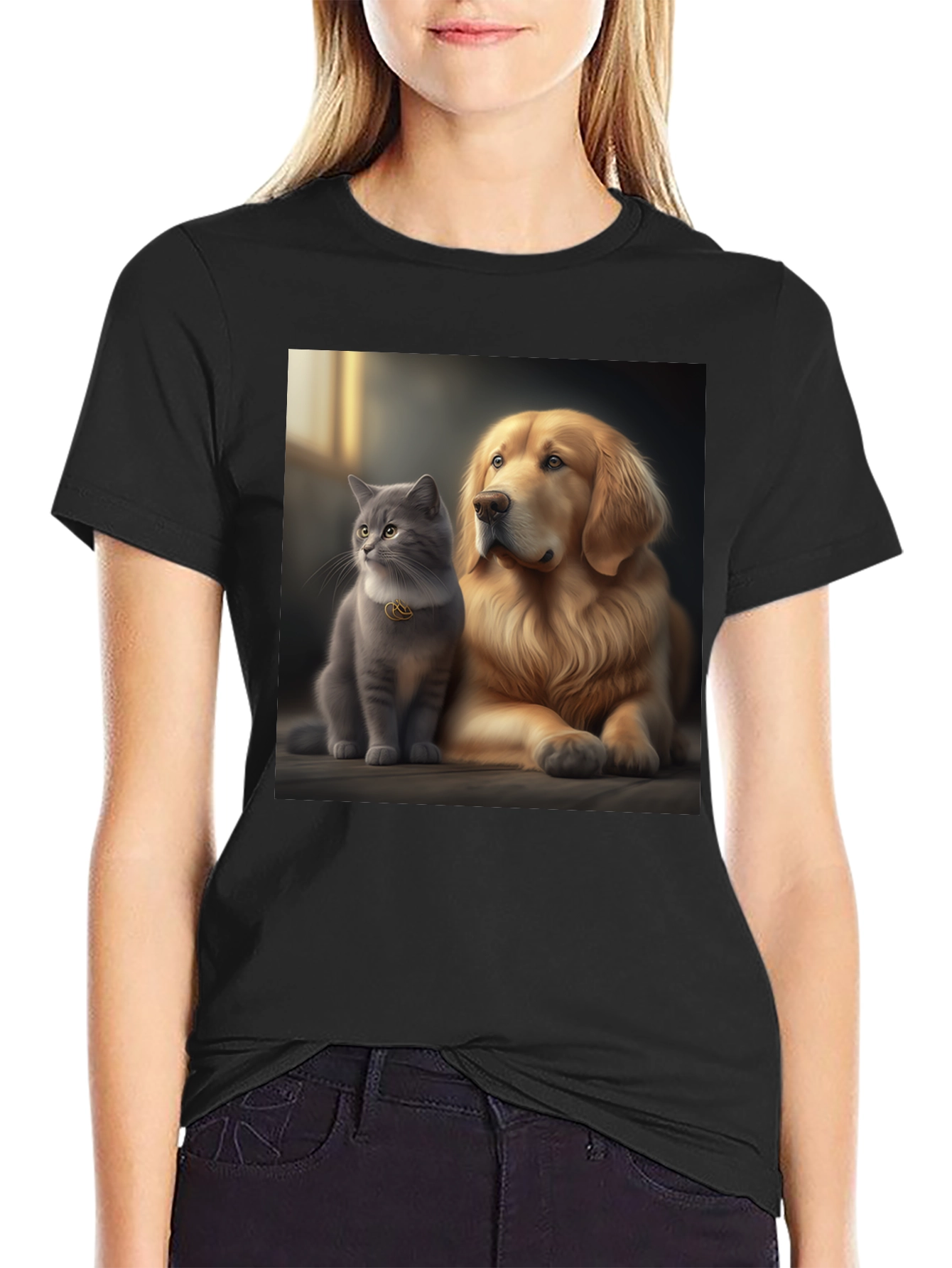 Cat and Dog Best Friends Black T-Shirt